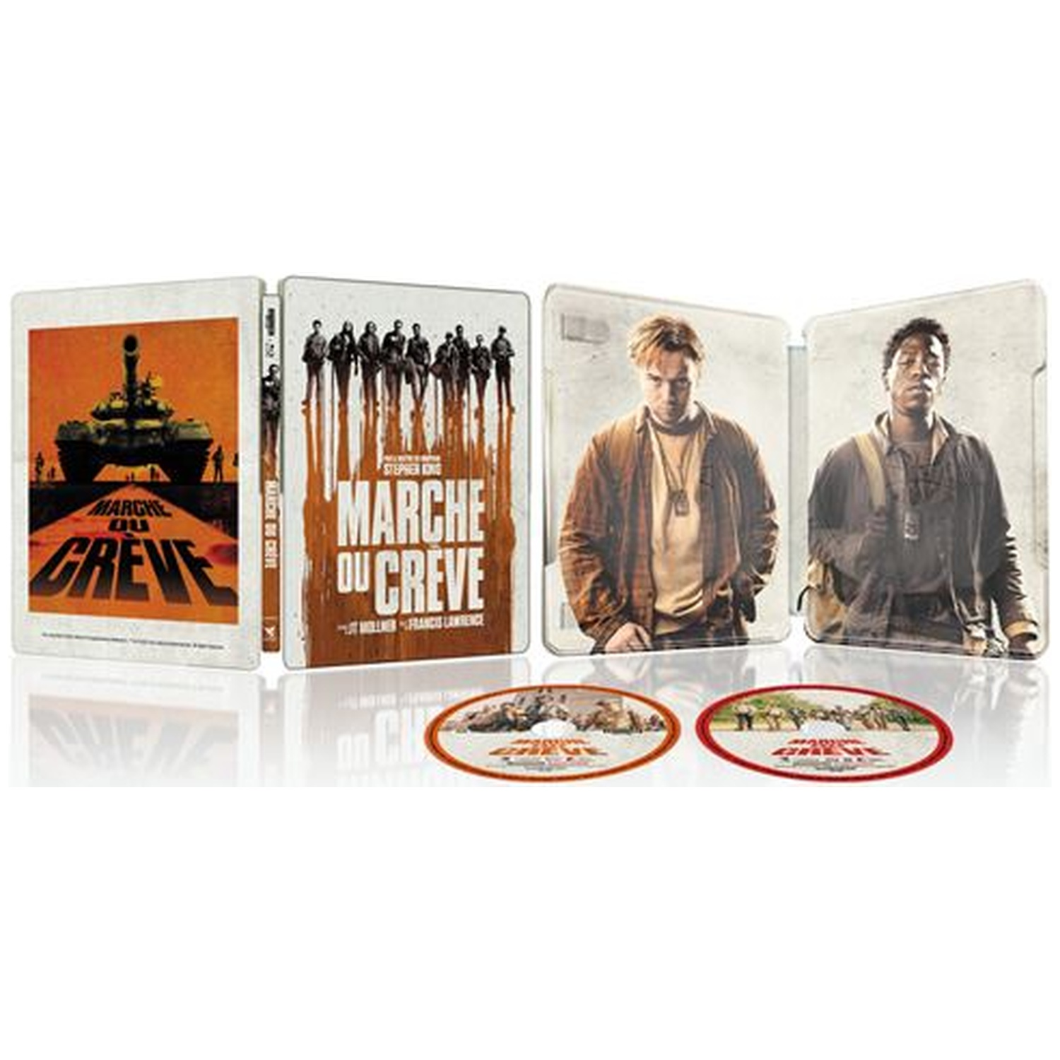 Steelbook with movie cover: tank, figures, Matt Damon, Josh Hutcherson, and two round stickers.