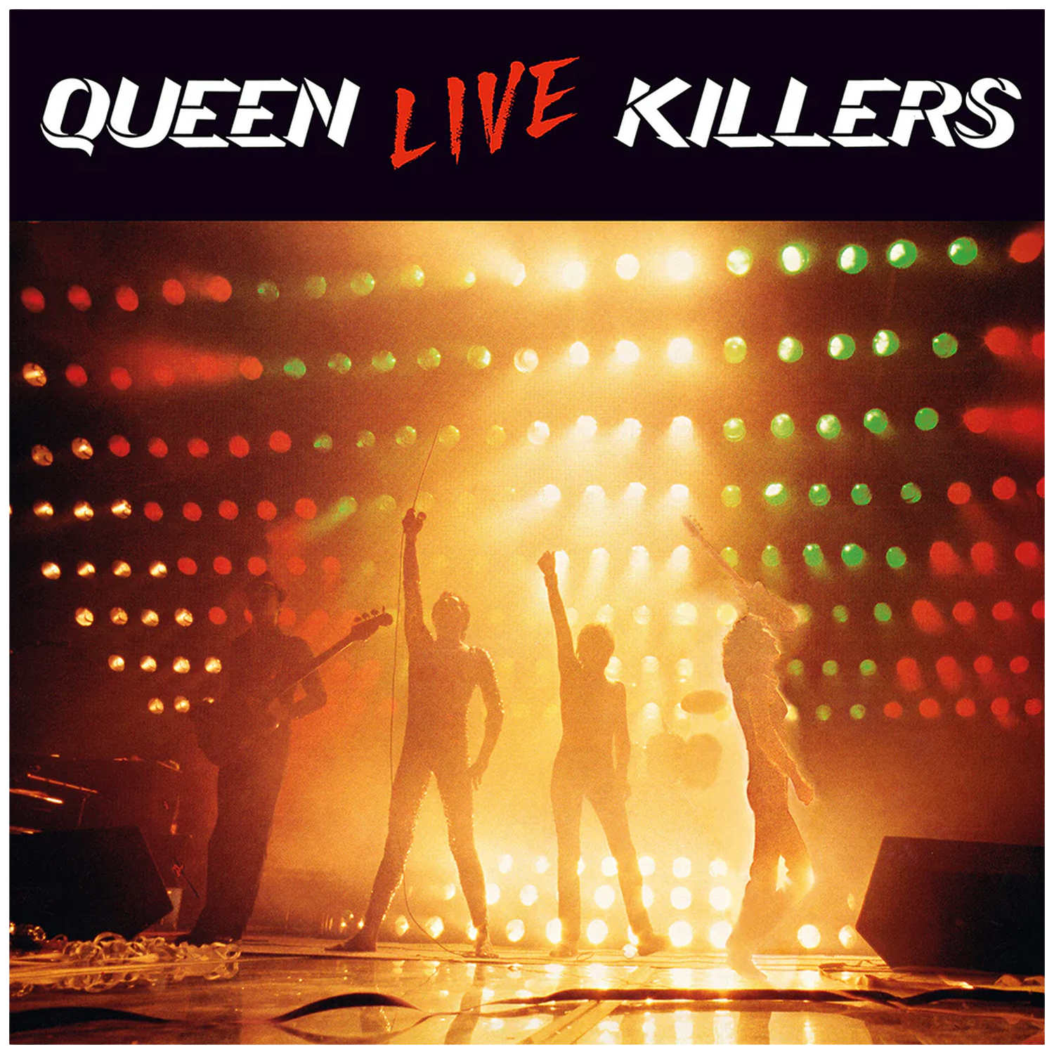 Queen Live Killers album cover with band performing on stage with lights.