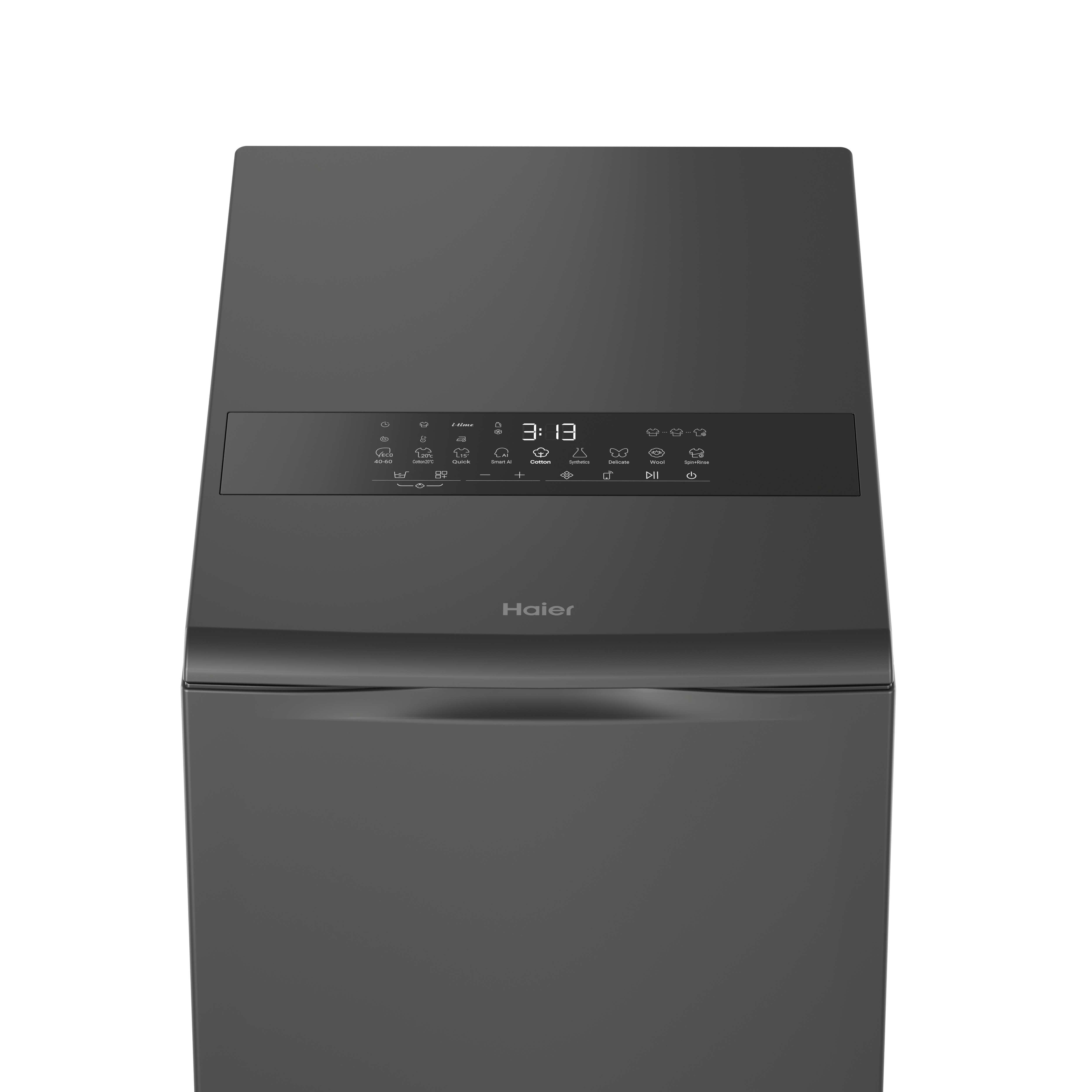 Dunkelgraue Haier-Waschmaschine mit Bedienfeld und digitaler Anzeige.