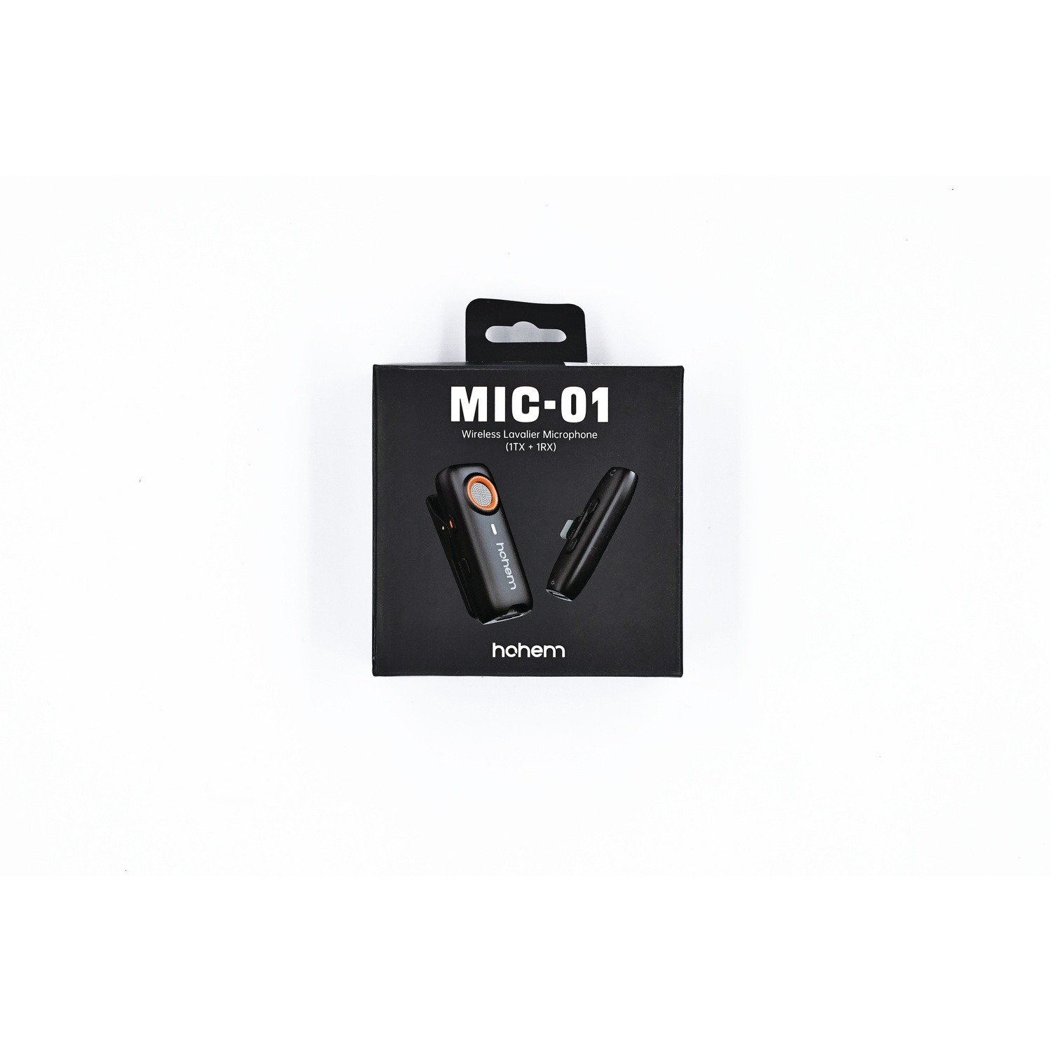Confezione nera con "MIC-01" e due microfoni lavalier wireless.
