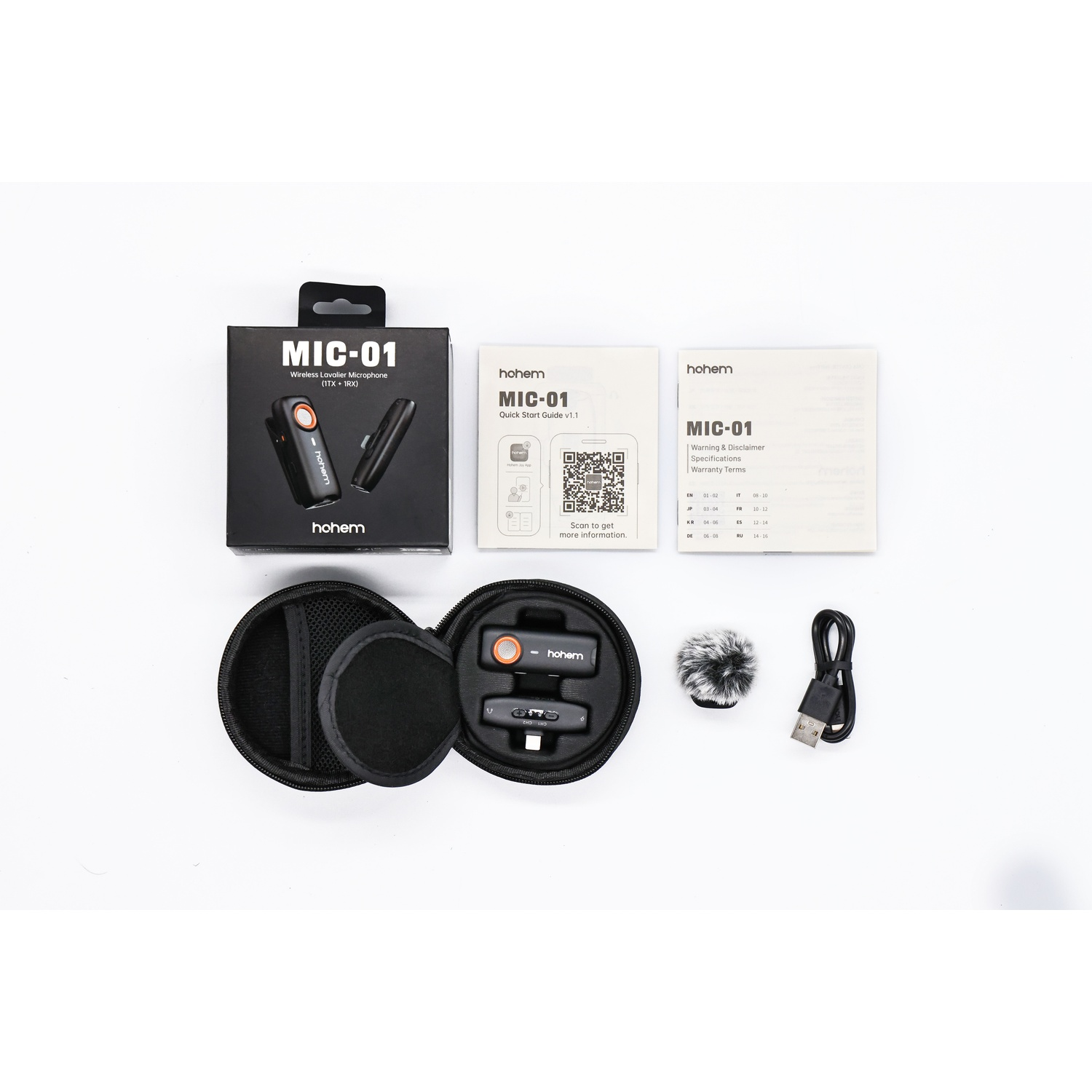 Set microfono lavalier wireless Hohem MIC-01 con custodia, manuale e cavo.