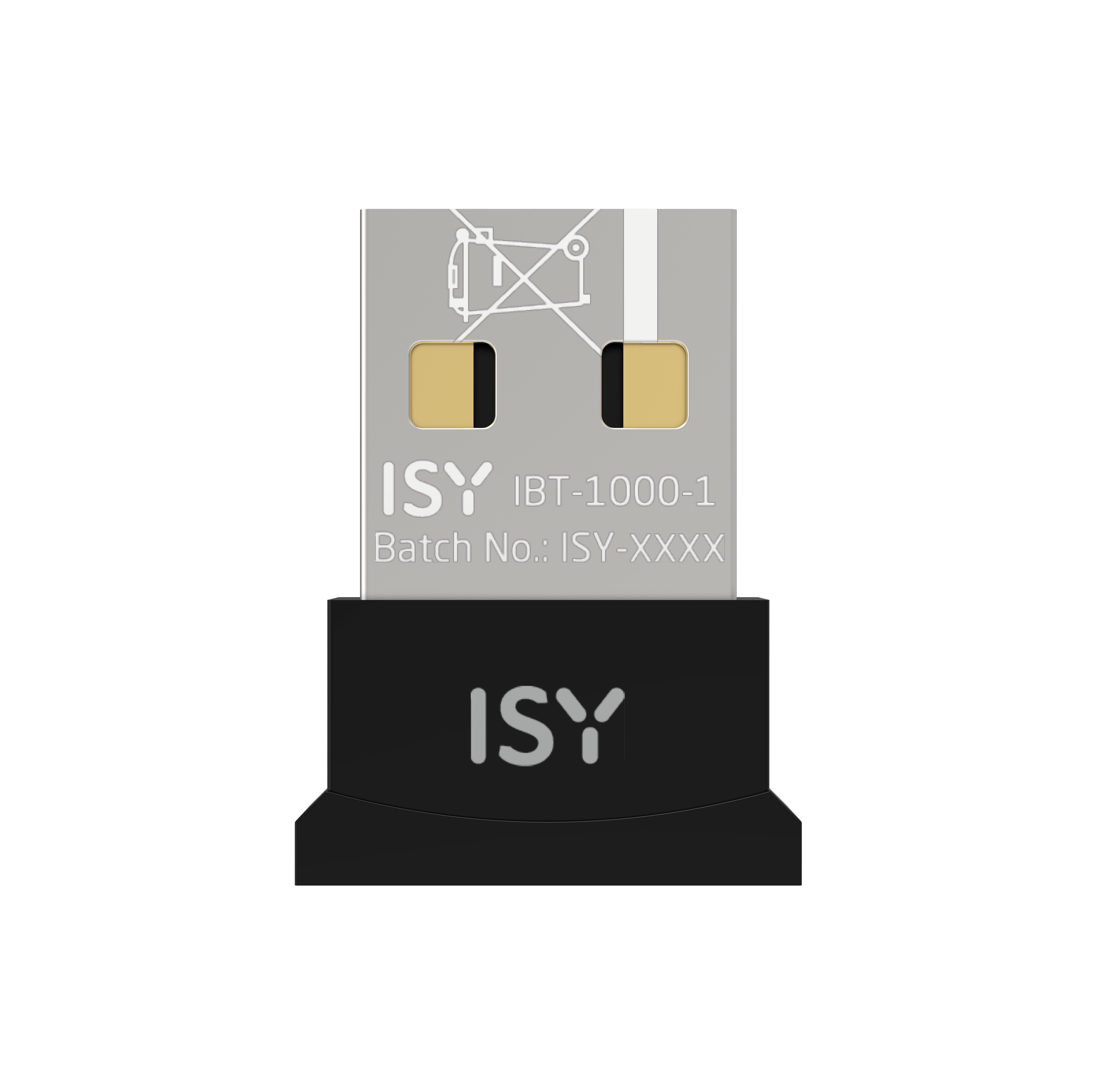Ein schwarzer USB-Empfänger mit ISY-Logo und Modellnummer.