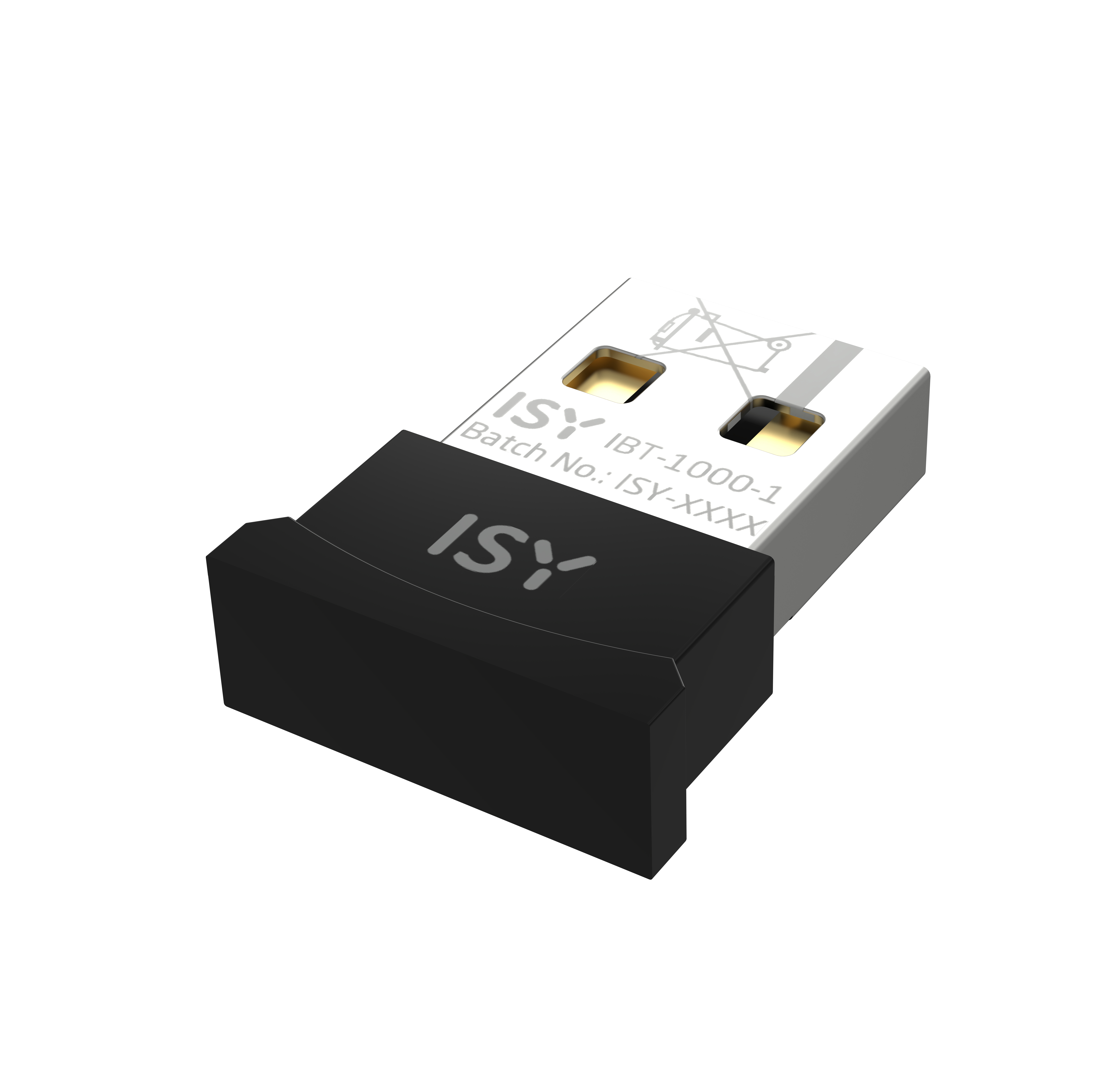 Ein kleiner schwarzer und silberner USB-Dongle mit ISY-Logo.