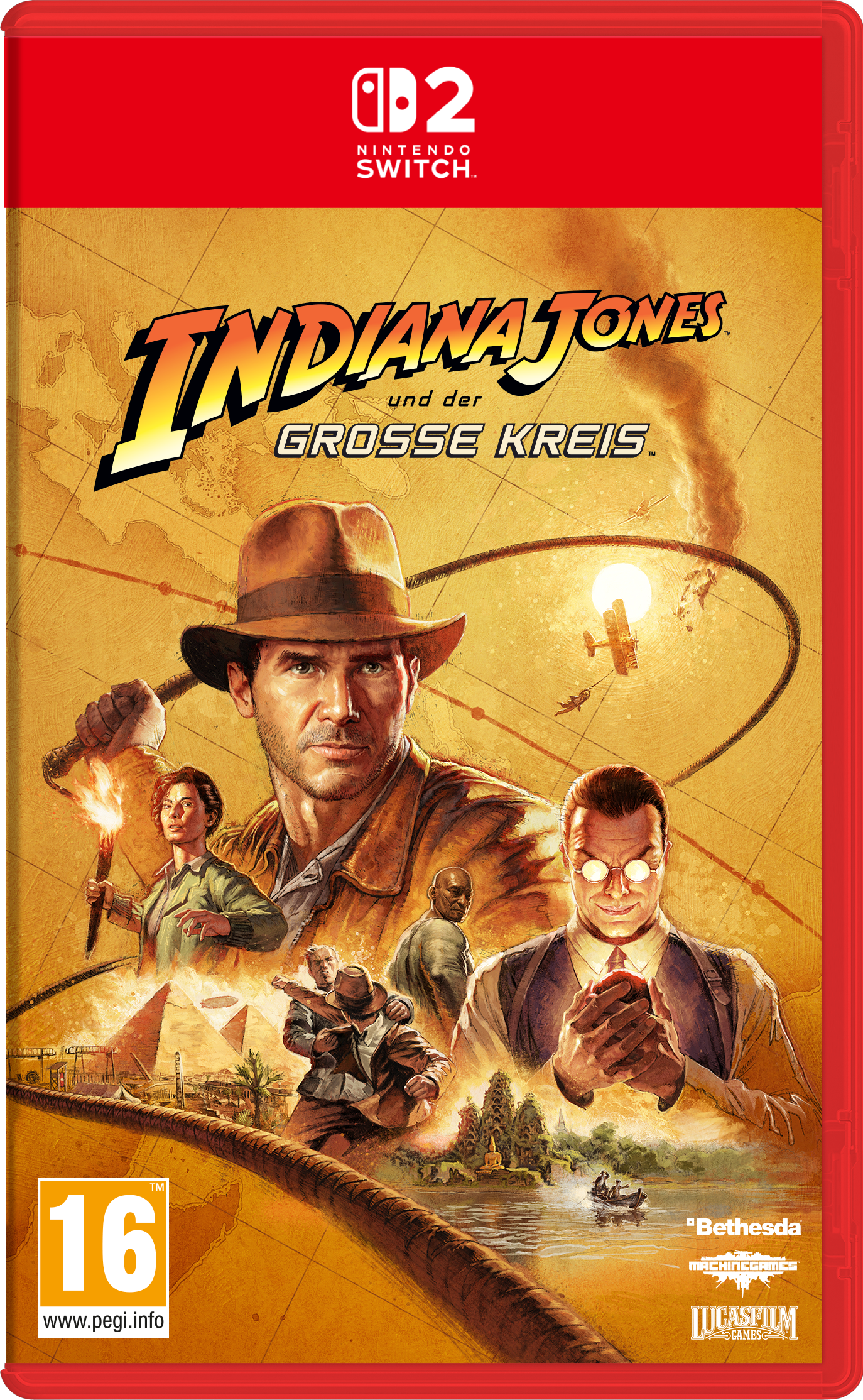 Indiana Jones Spielcover mit Figuren, Pyramiden und Flugzeugen vor einem Kartenhintergrund.
