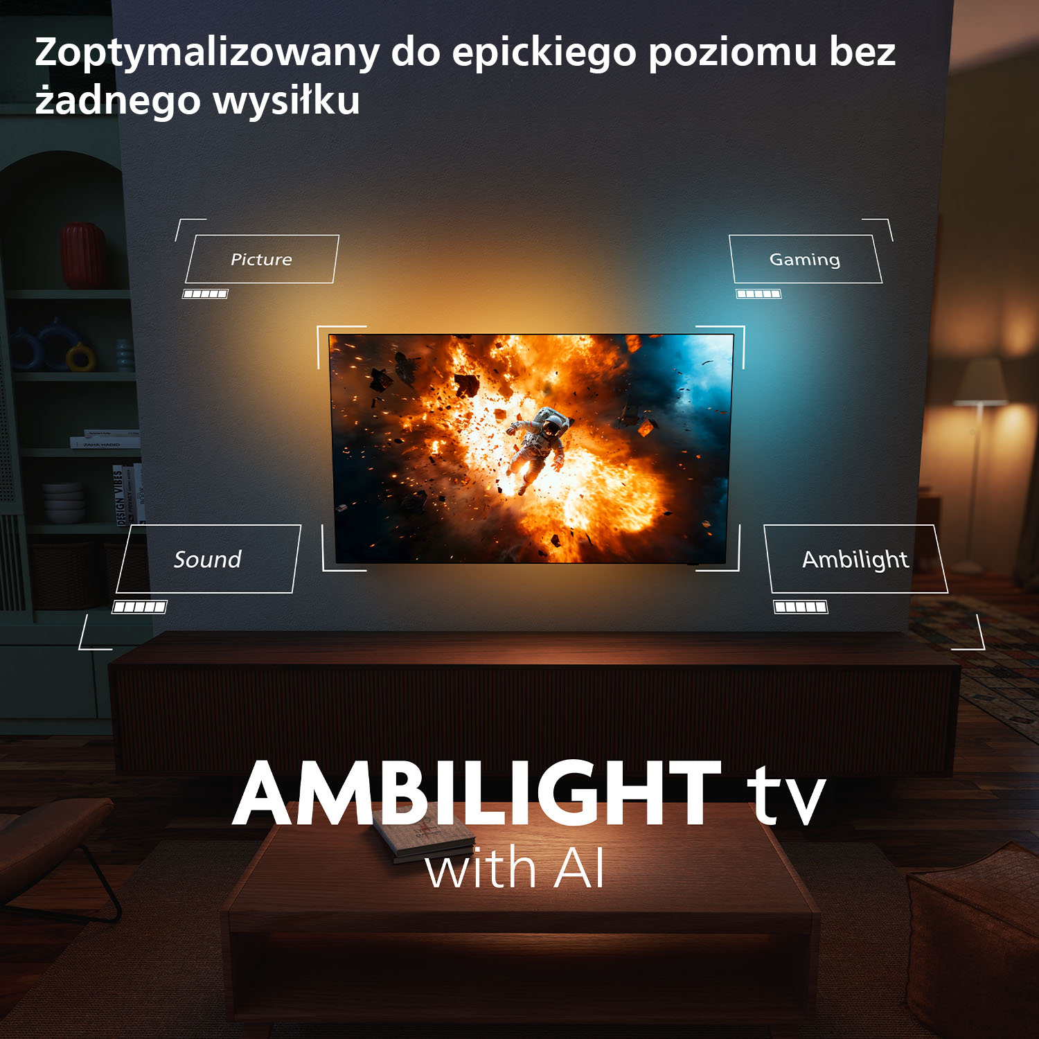 Telewizor Ambilight z AI, optymalizujący obraz, dźwięk i gry.