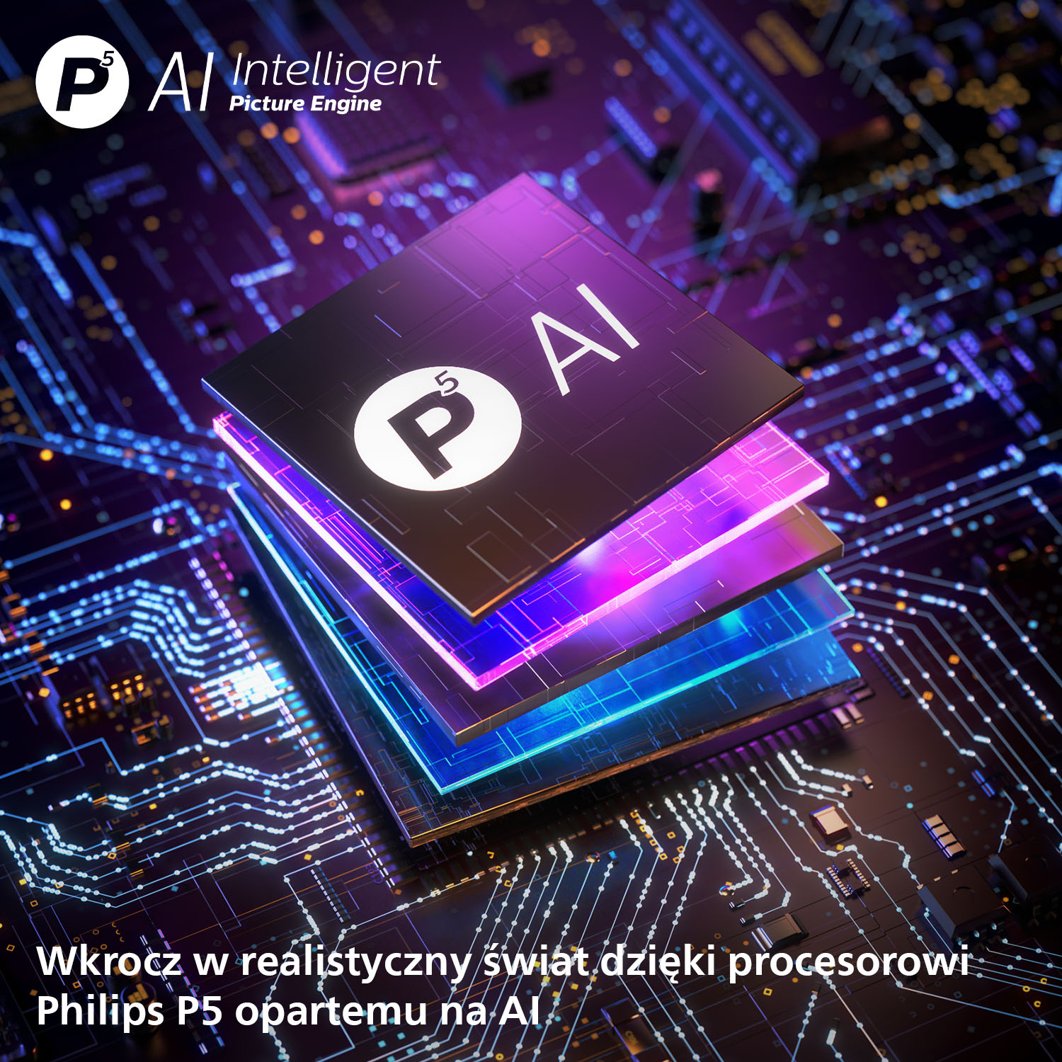 Abstrakcyjne przedstawienie chipu AI z podświetlanymi warstwami na płytce drukowanej.