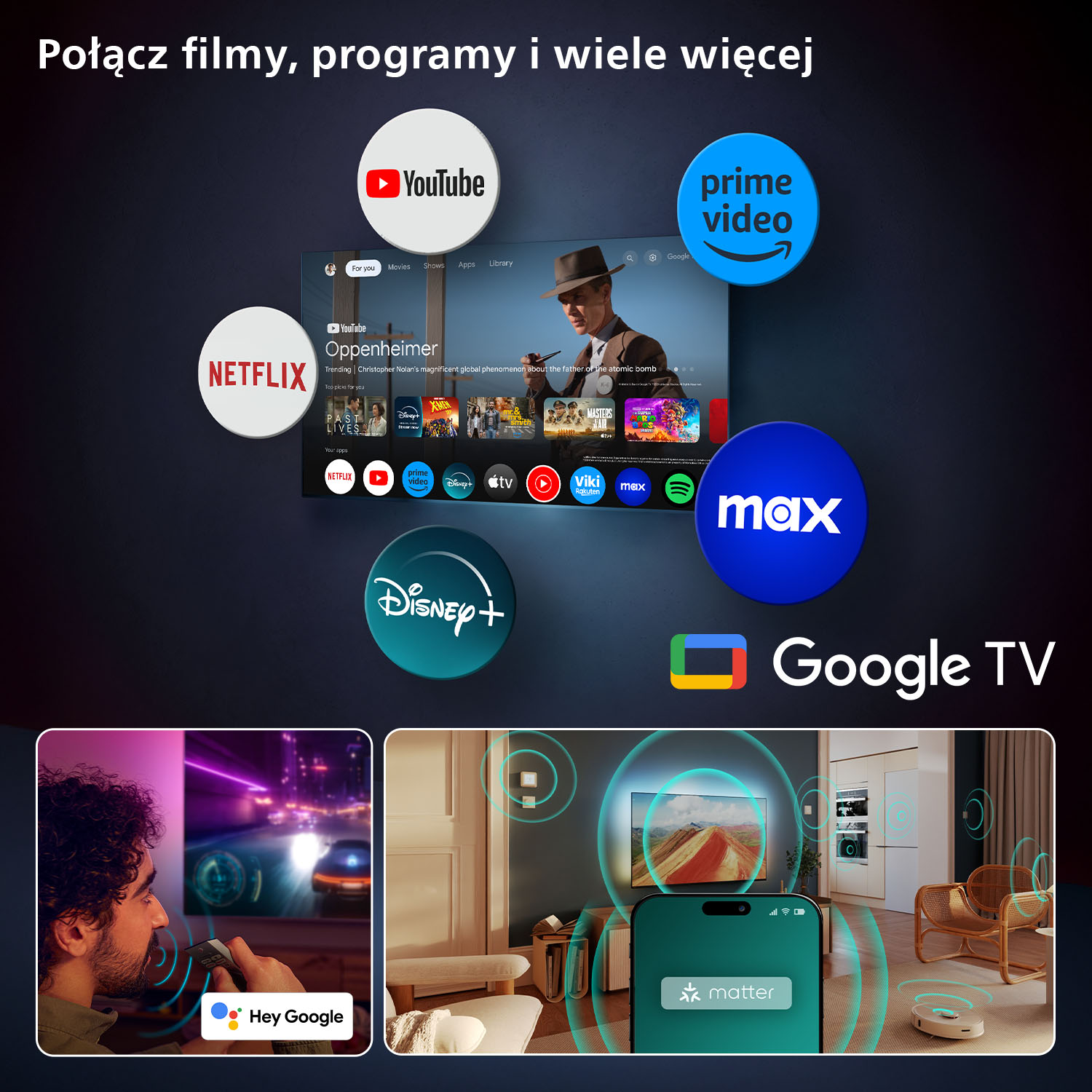 Różne aplikacje streamingowe i interfejs Google TV z integracją smart home.