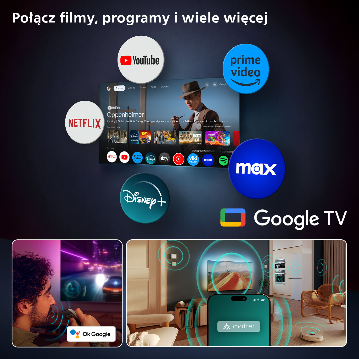 Interfejs Smart TV z logotypami aplikacji: Netflix, YouTube, Prime Video, Max, Disney+.