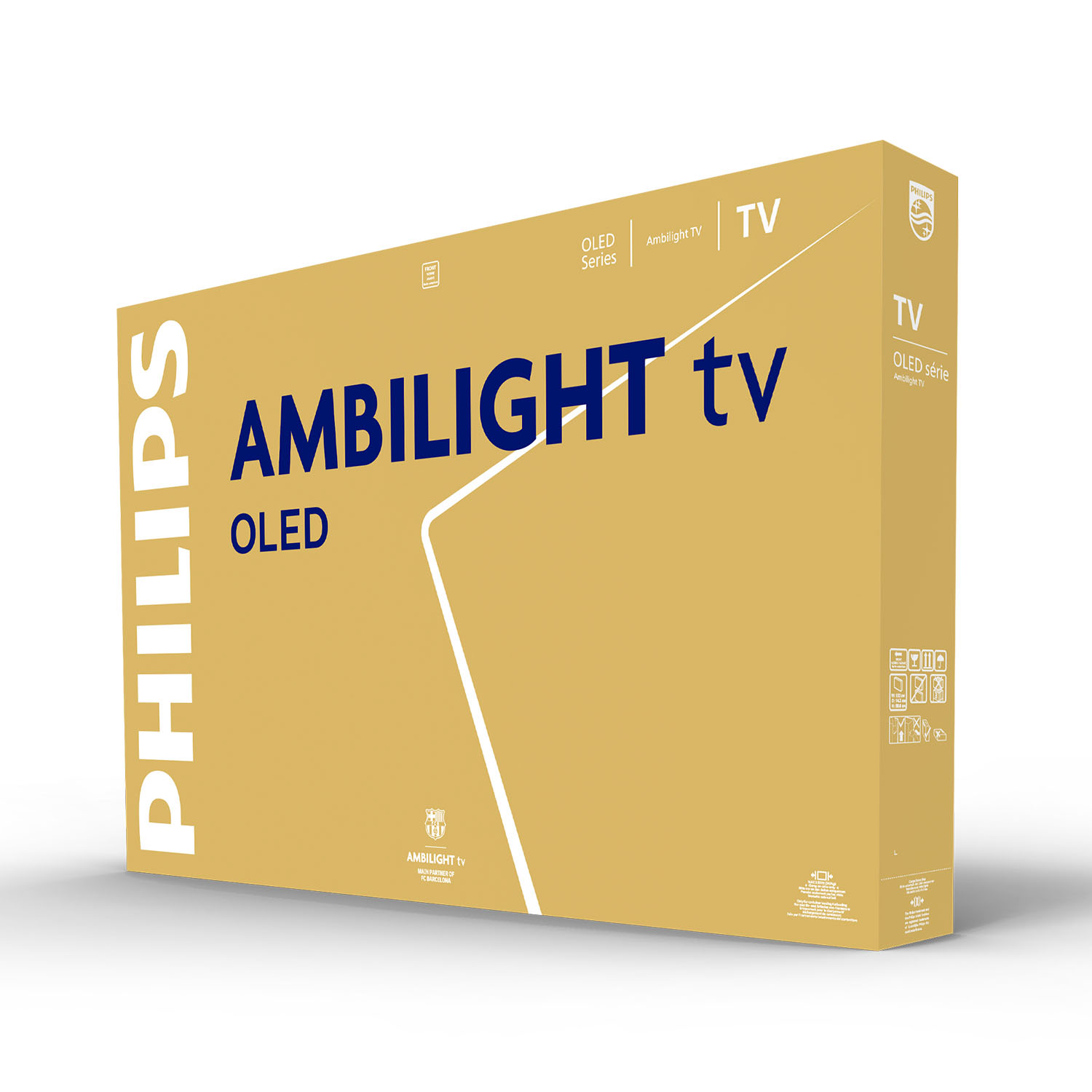 Pudełko TV Philips Ambilight OLED z niebieskim i białym napisem na żółtym tle.