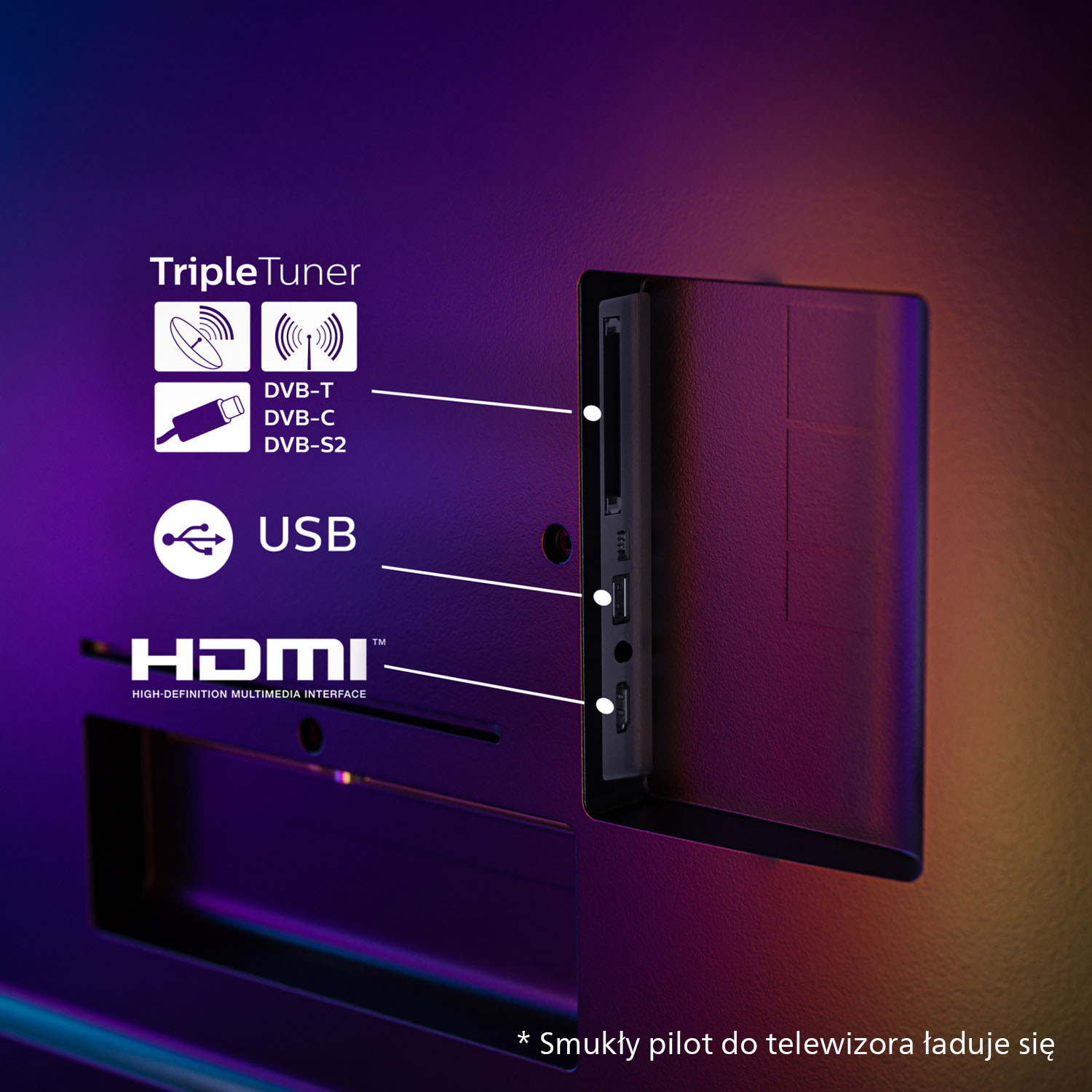 Tył telewizora z portami Triple Tuner, USB i HDMI.