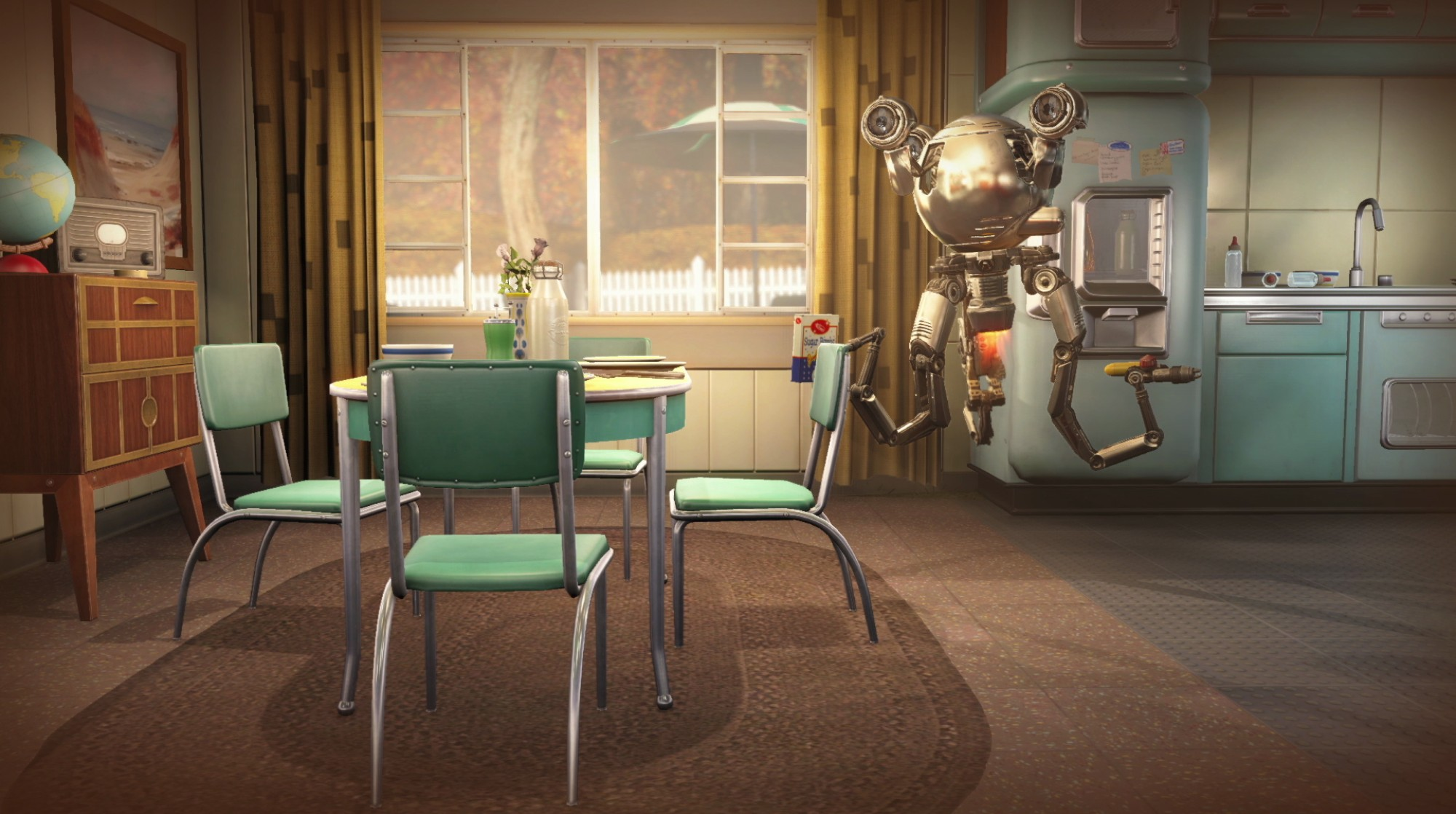 Ein Roboter schwebt in einer Küche mit einem Tisch und Stühlen.