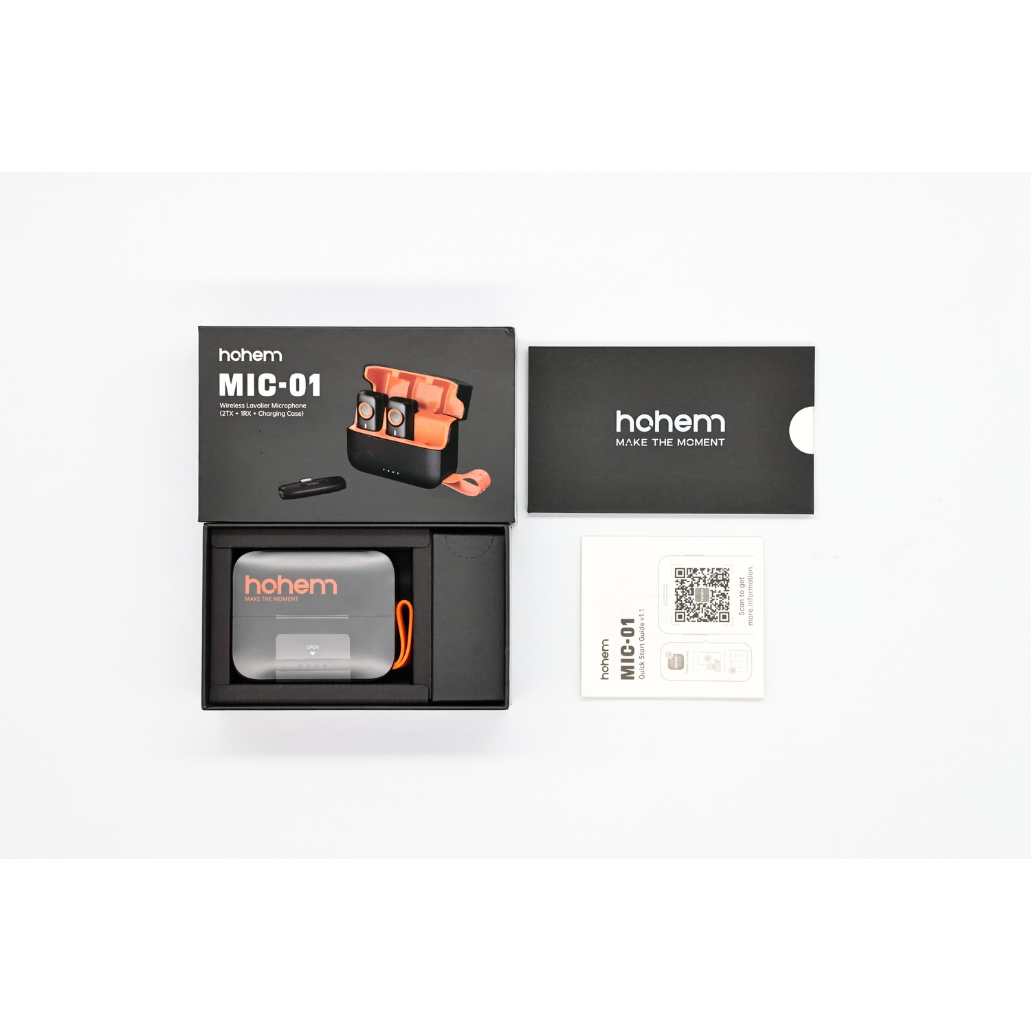 Microfono Lavalier Wireless Hohem MIC-01 con custodia di ricarica, manuale.