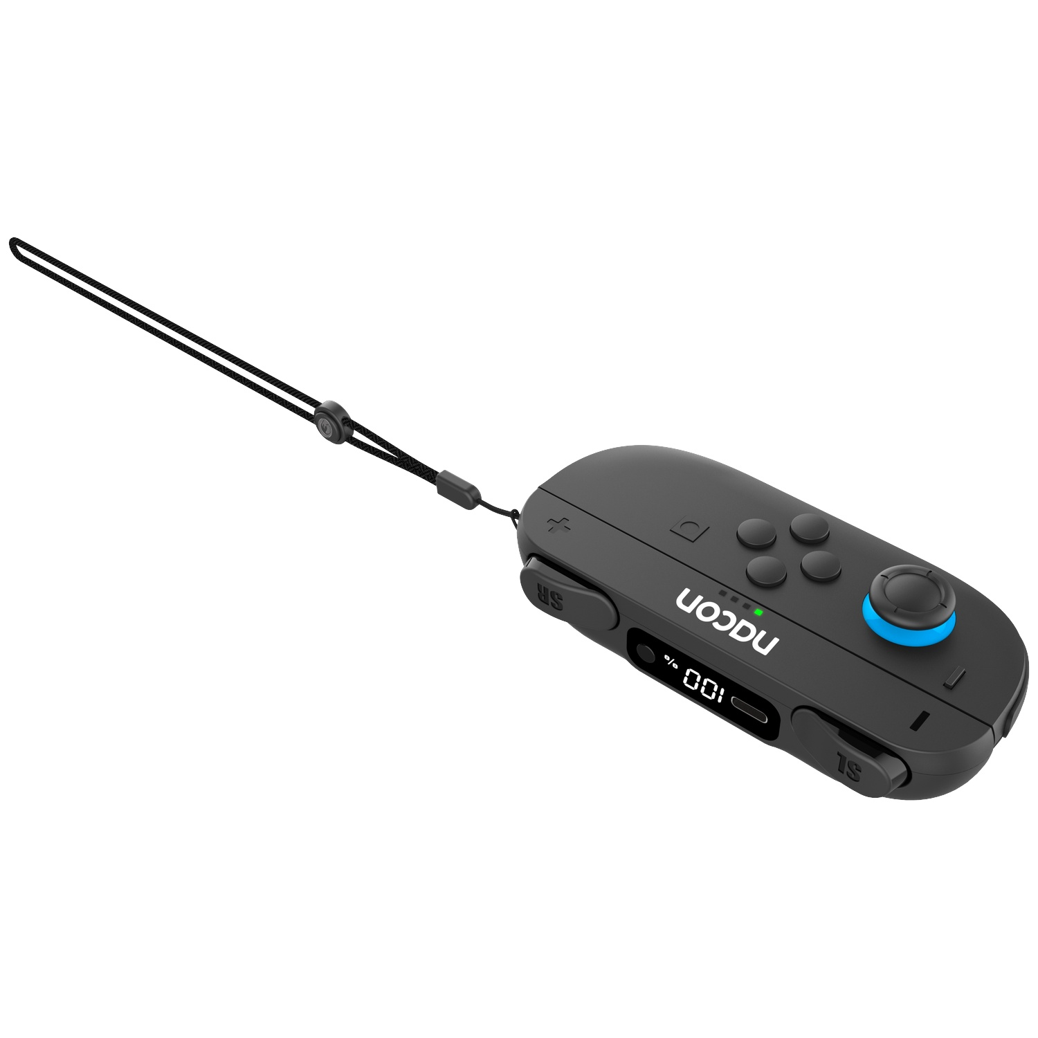 Black game controller with lanyard, blue joystick, and digital display.