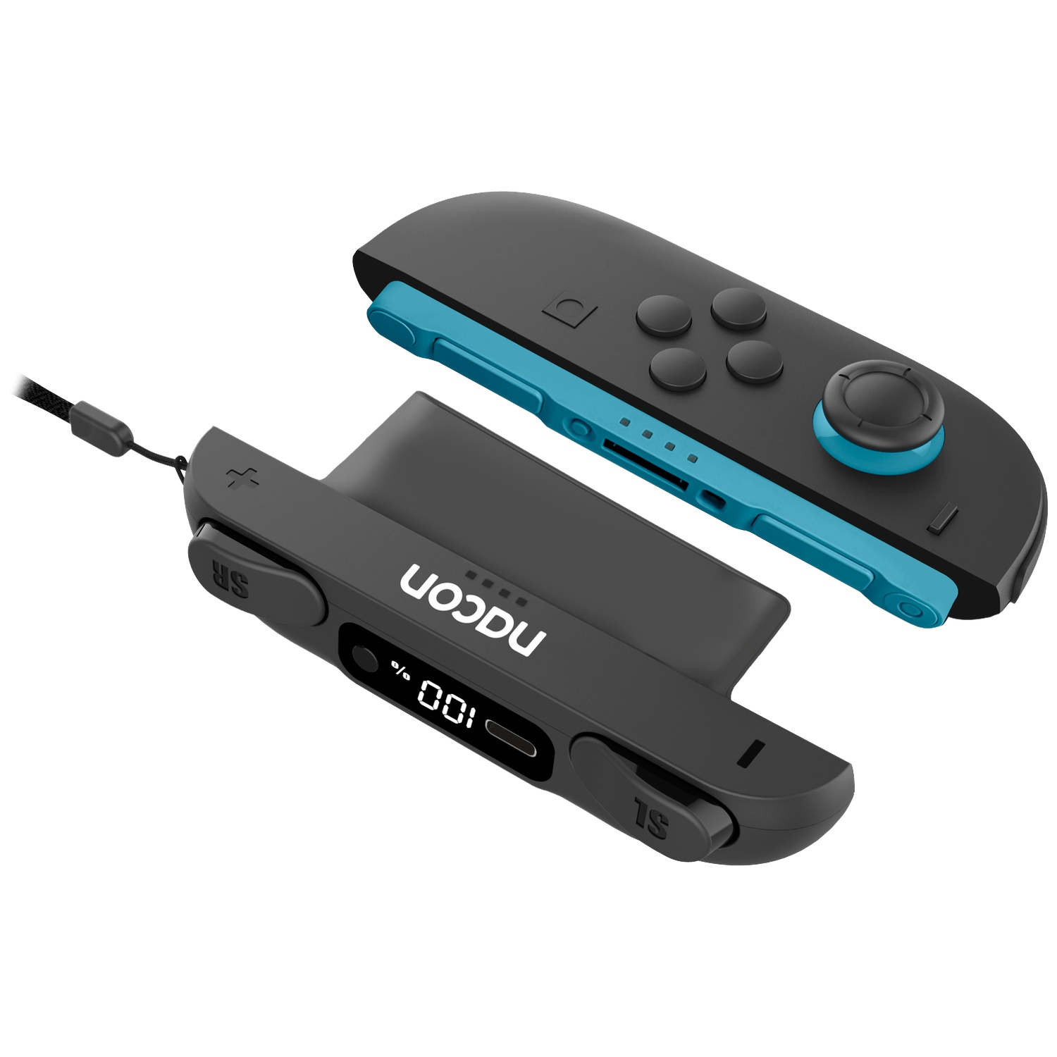 A black and blue controller with a digital display and a lanyard.