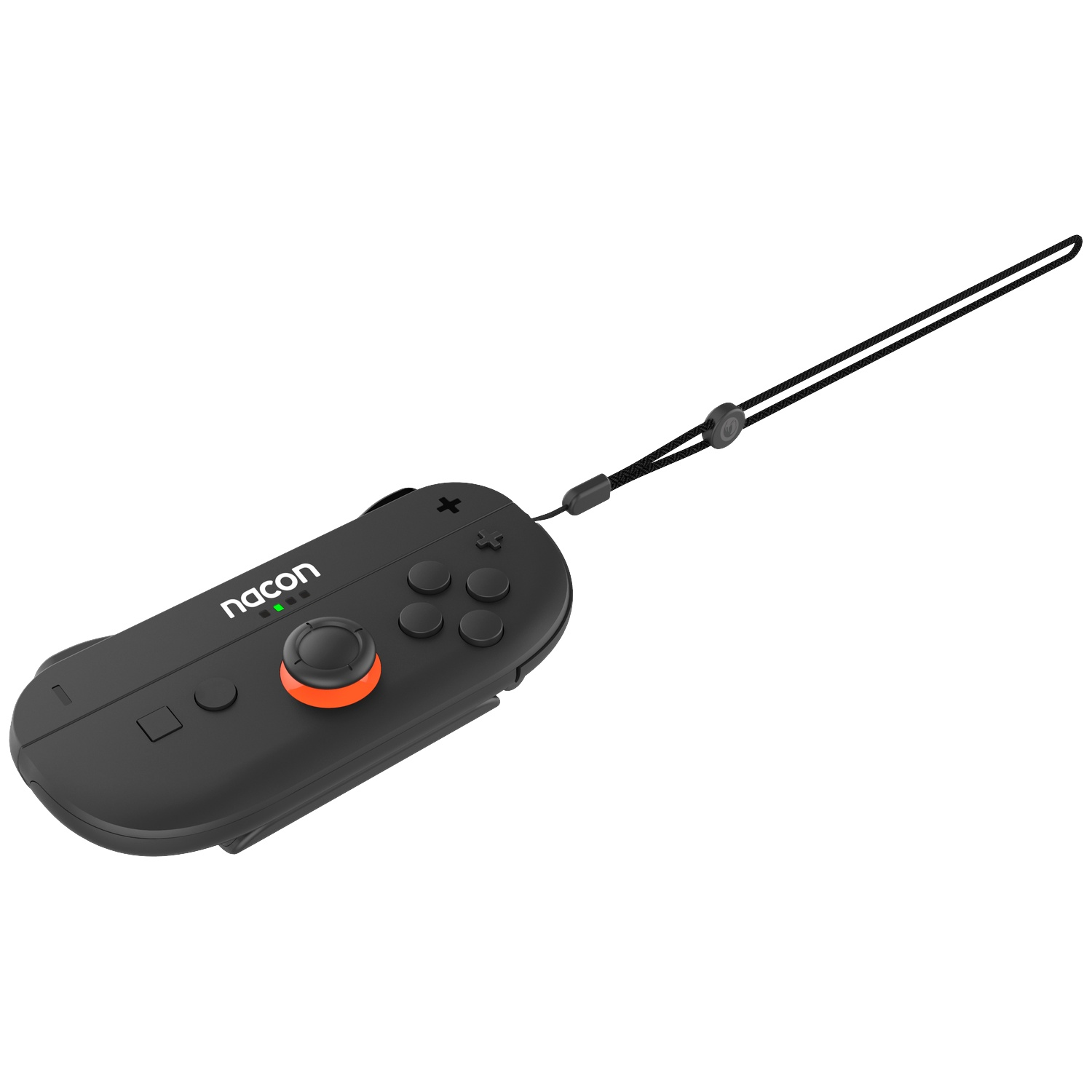 A black gaming controller with a joystick, buttons, and a wrist strap.