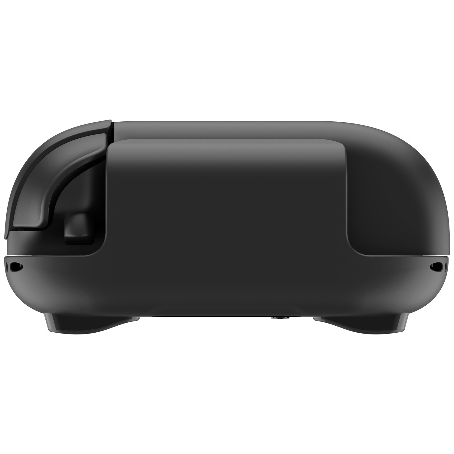 Black printer seen from the side, with rounded edges.