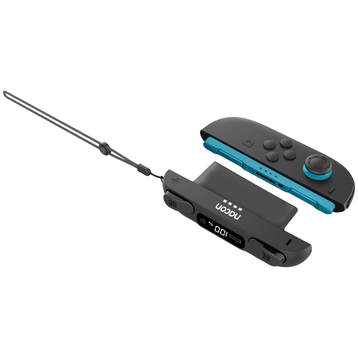 A blue and black controller with a lanyard and charging indicator.