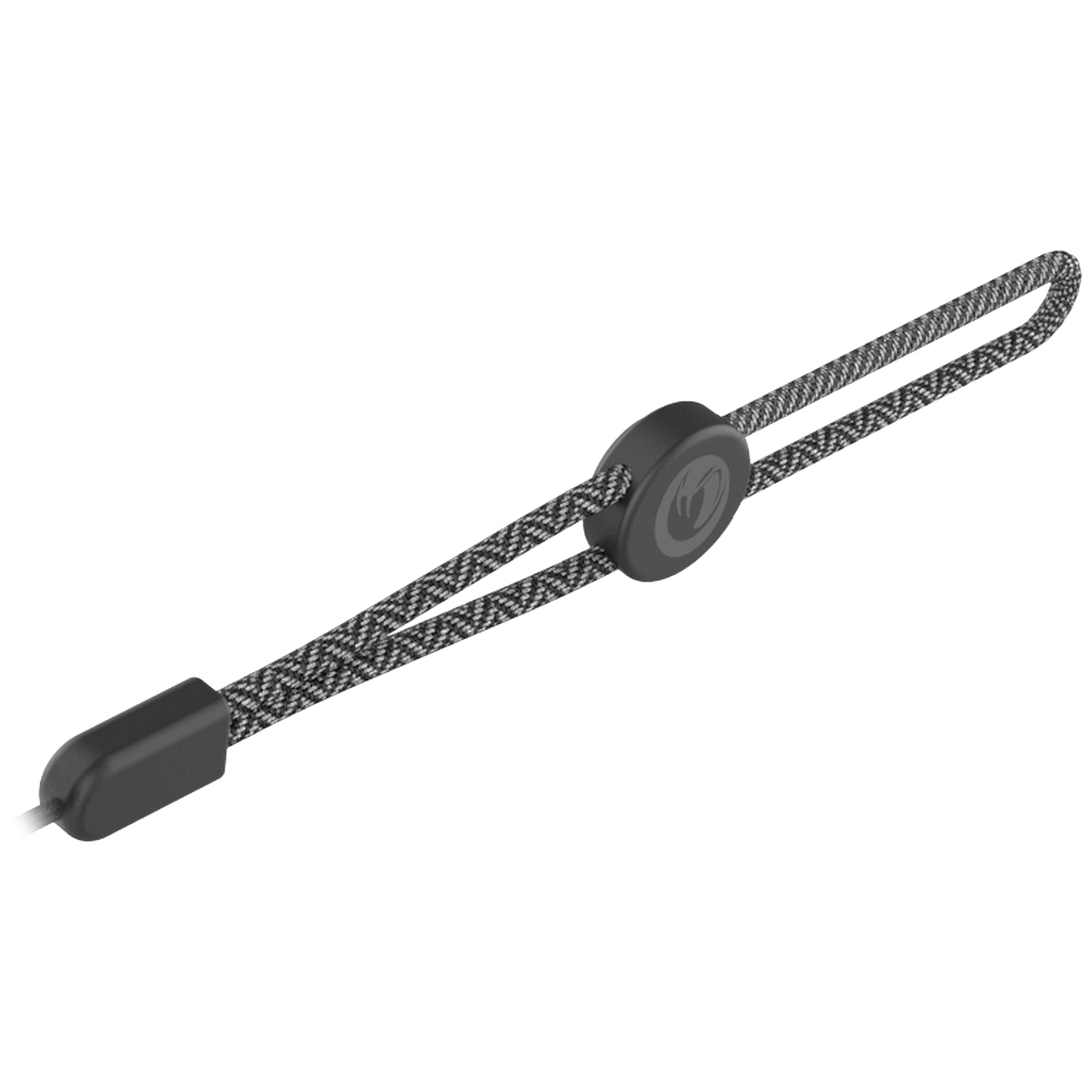 A black toggle with a logo on a patterned cord against a white background.