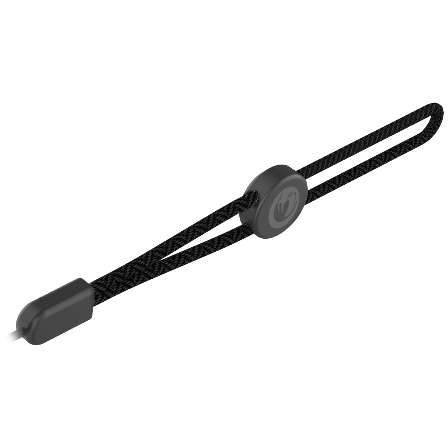 Black lanyard with a gray adjuster and a logo.