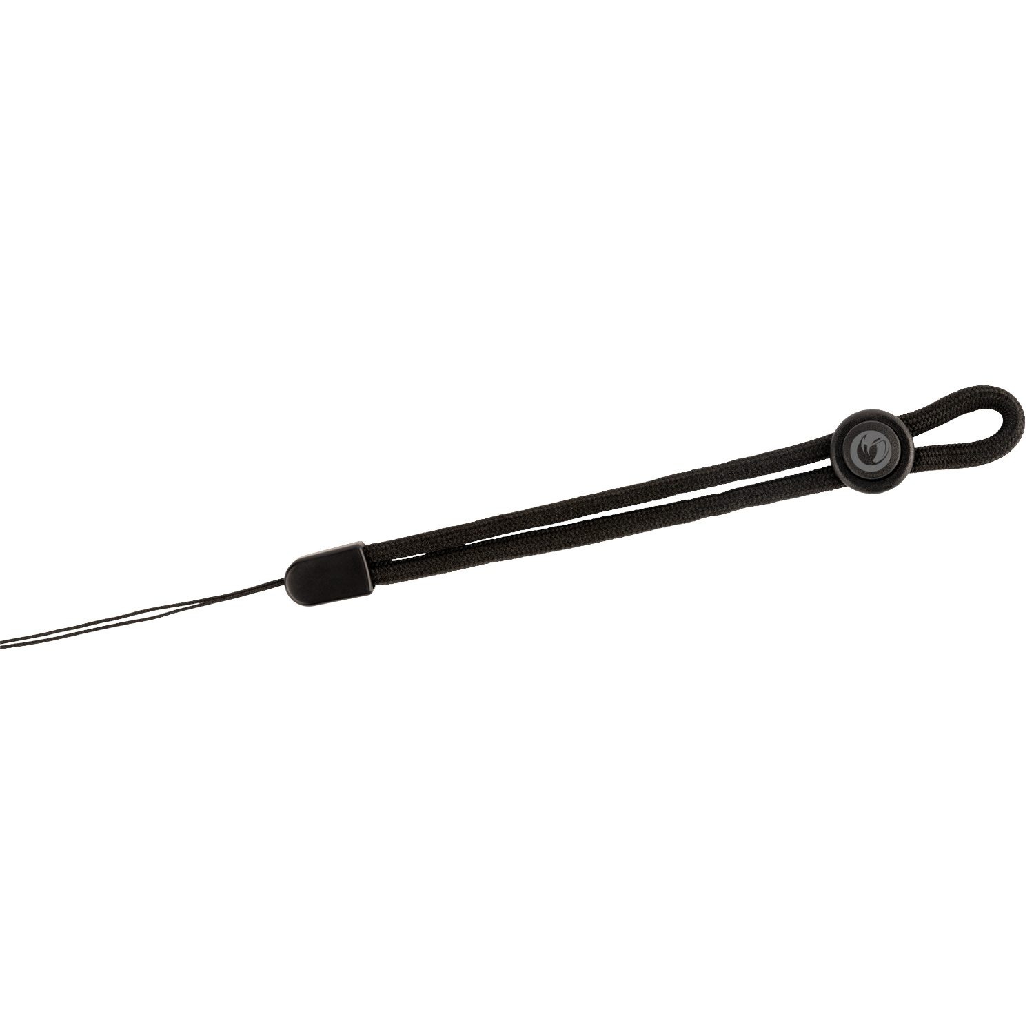 A black lanyard with an adjustable slider and a small emblem.