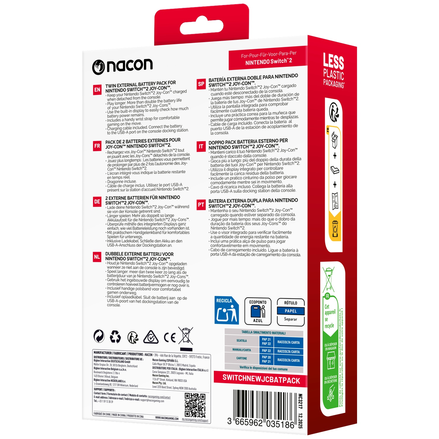 Nacon Nintendo Switch Joy-Con twin battery pack with charging accessories and instructions.
