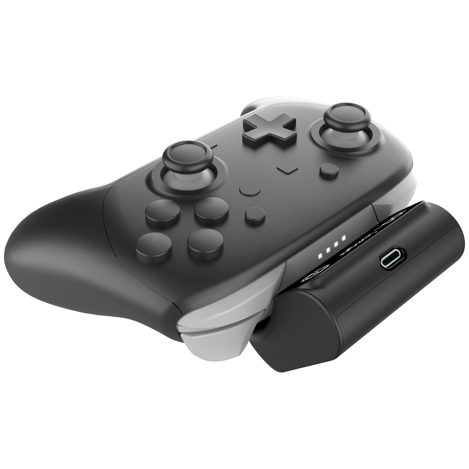 Black game controller with detachable battery pack and charging port.