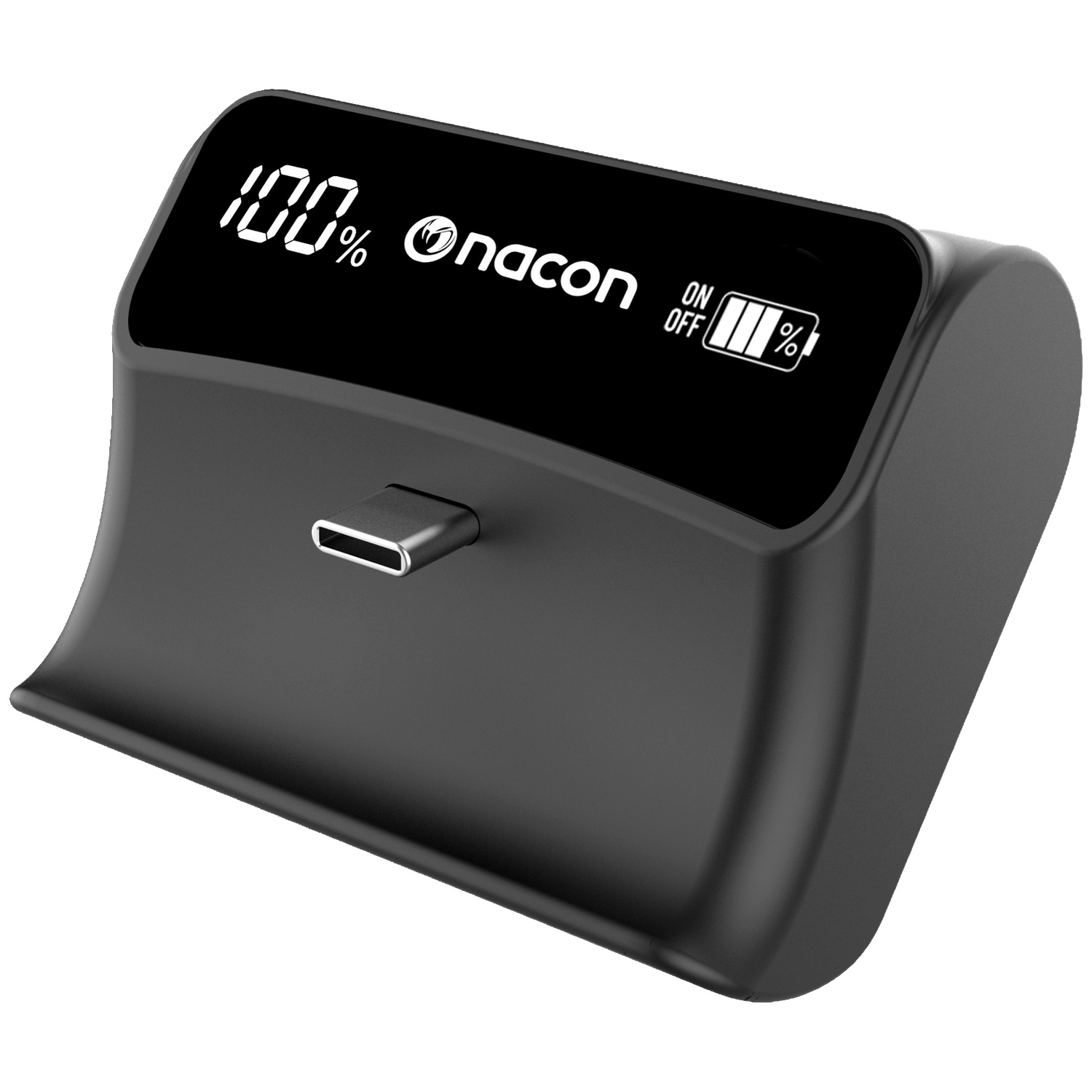 Black charger with USB-C port and digital 100% battery display.