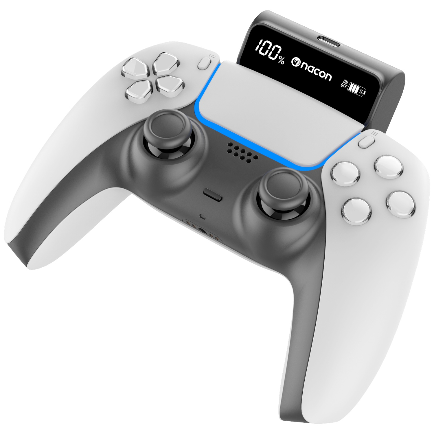 A white and gray gaming controller with a black attachment and a screen.