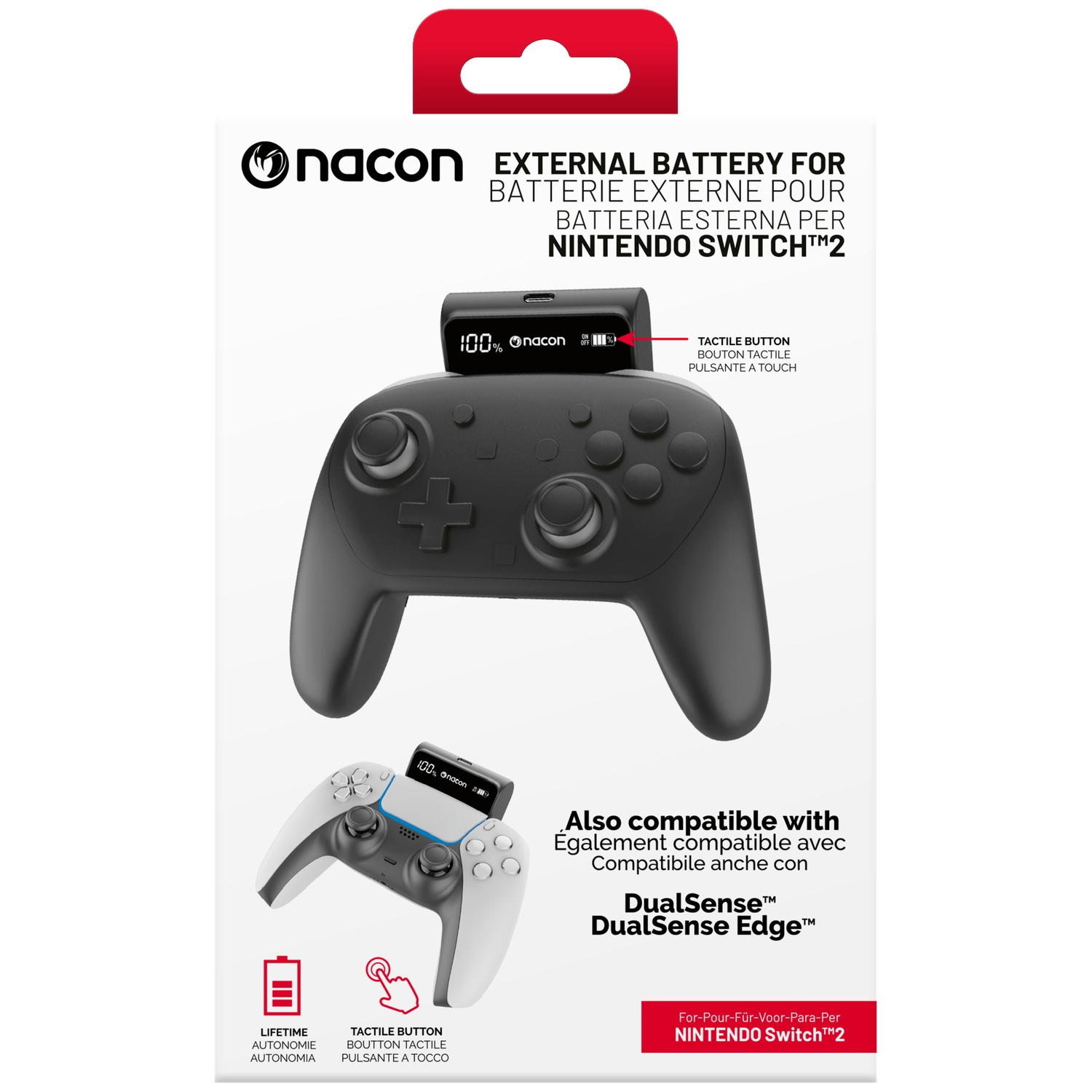 Nacon external battery for Nintendo Switch 2 with black and white controllers.