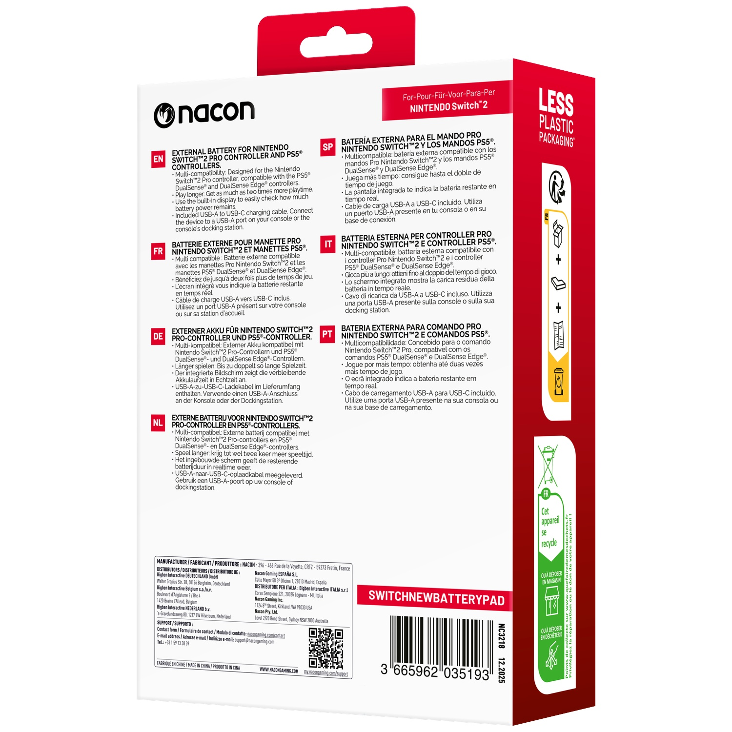 Nacon Switch/PS5 battery pack with multilingual description and barcode.