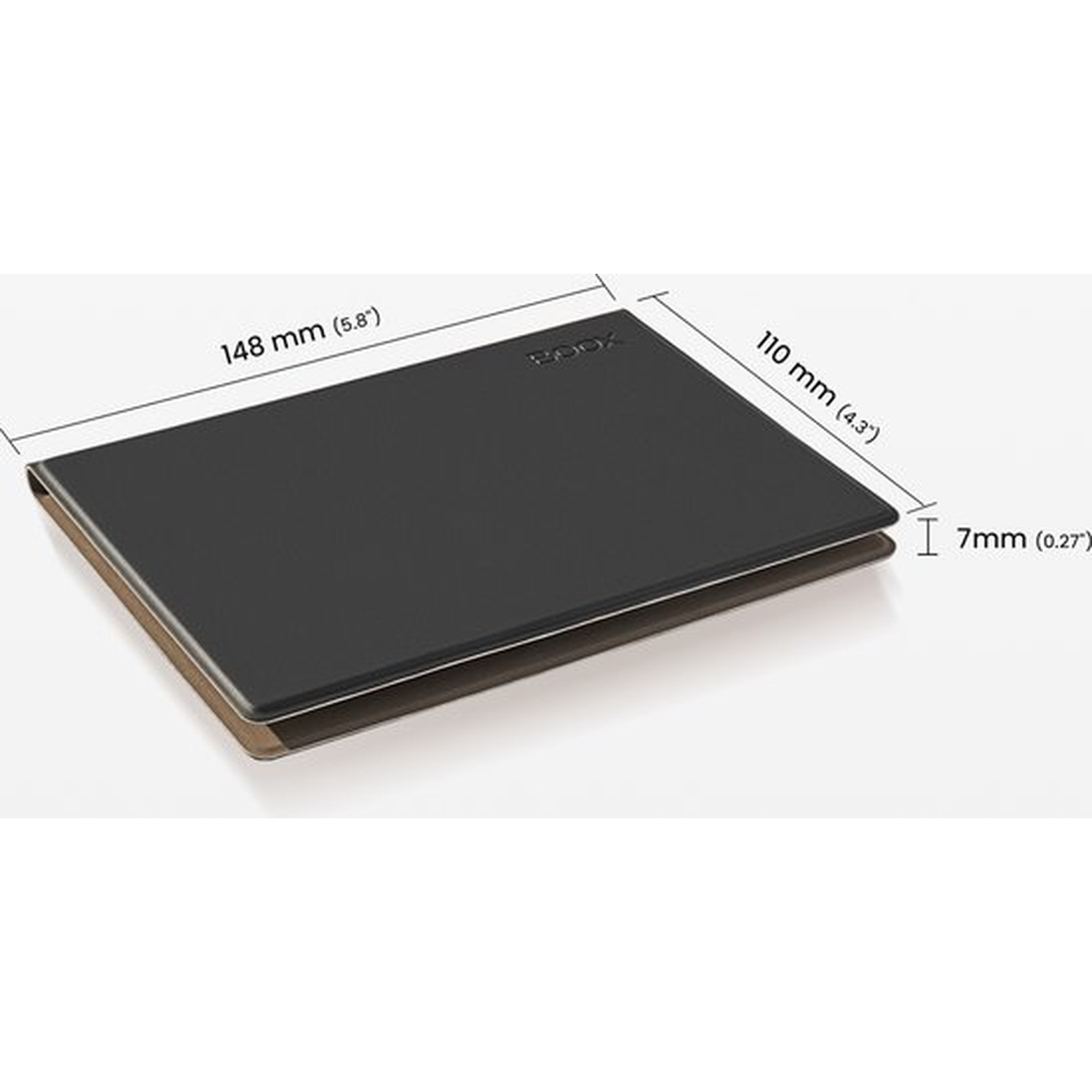 Een zwarte e-reader van 148x110x7mm, van de zijkant gezien.
