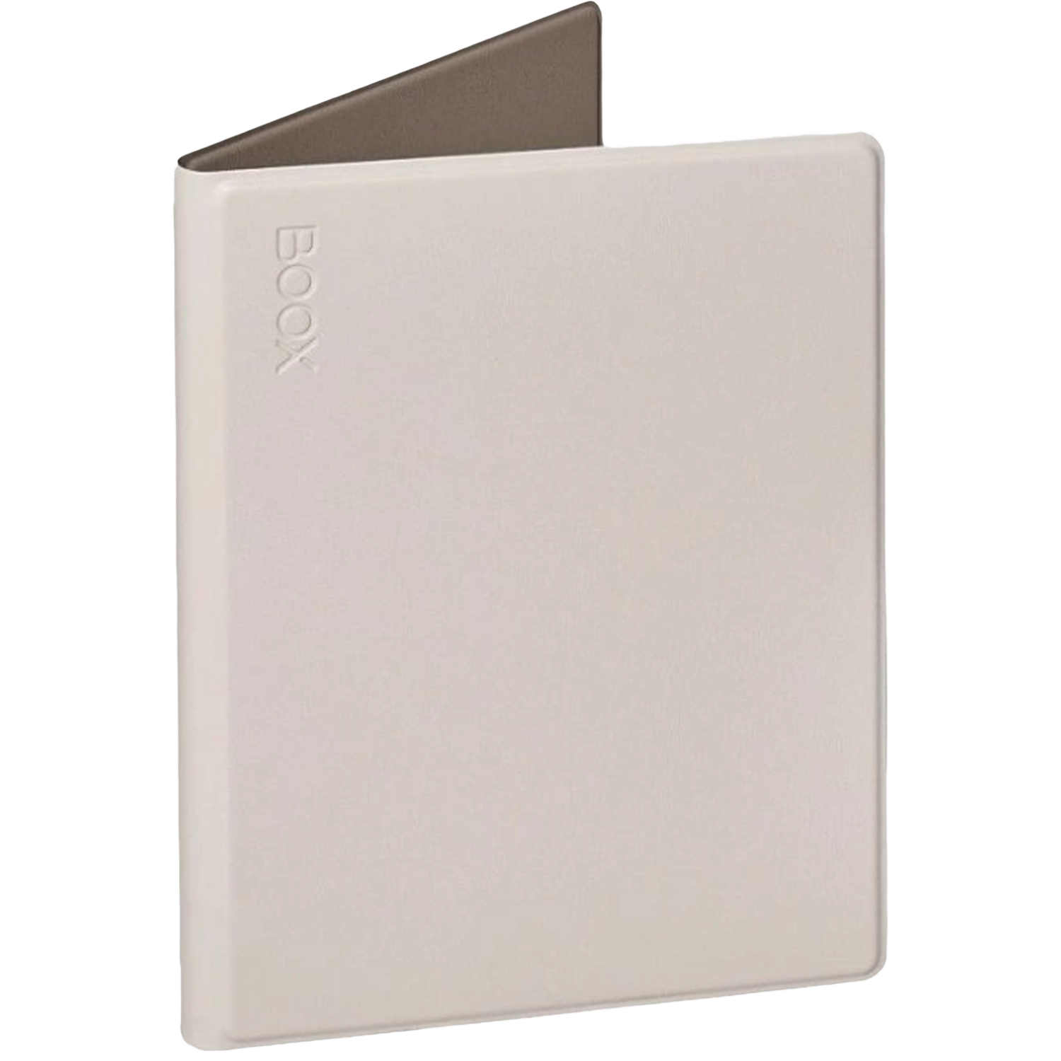 Een lichtbeige etui met bruine rug, die opengaat als een boek.