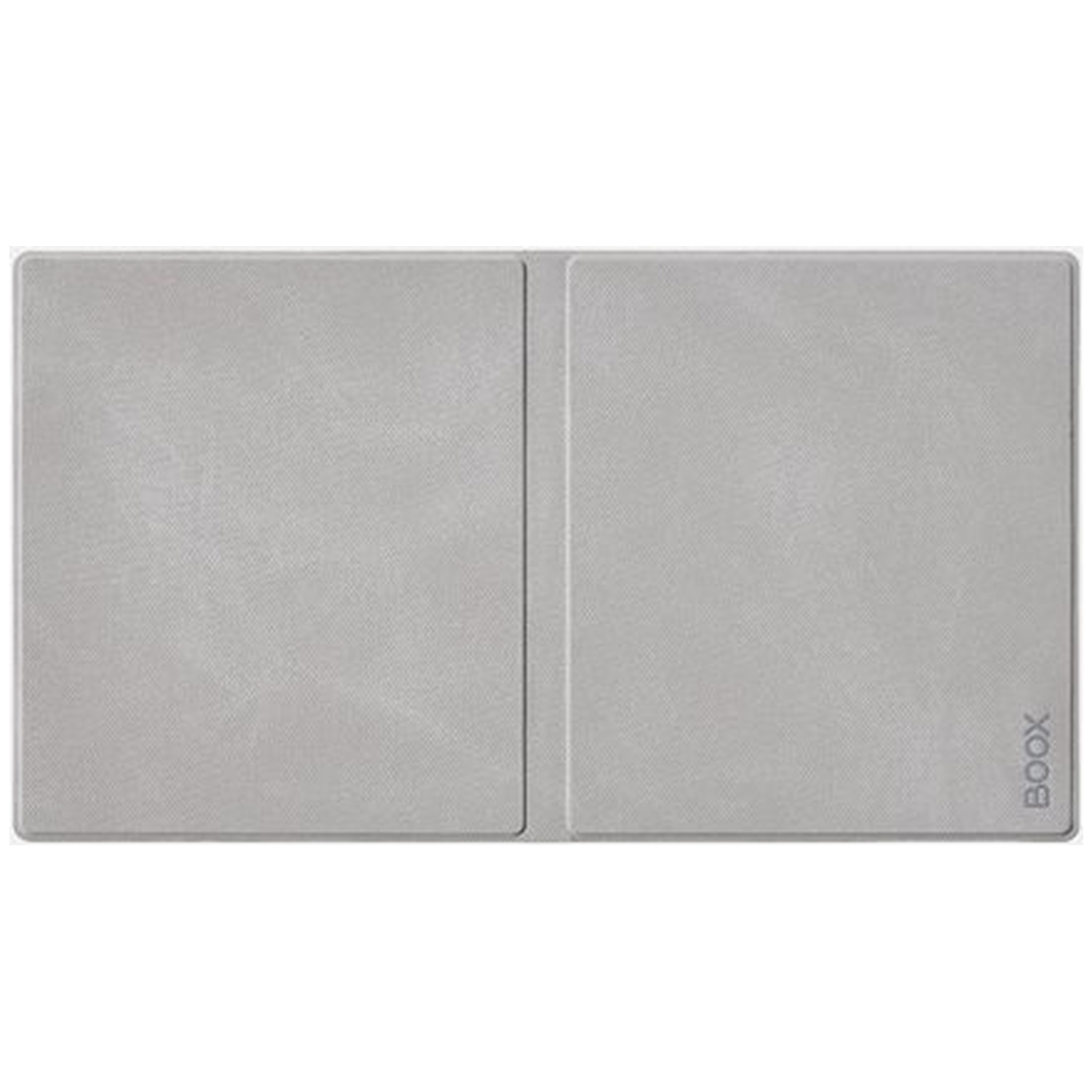 Couverture grise pour liseuse BOOX avec deux sections. Texte BOOX sur la section droite.