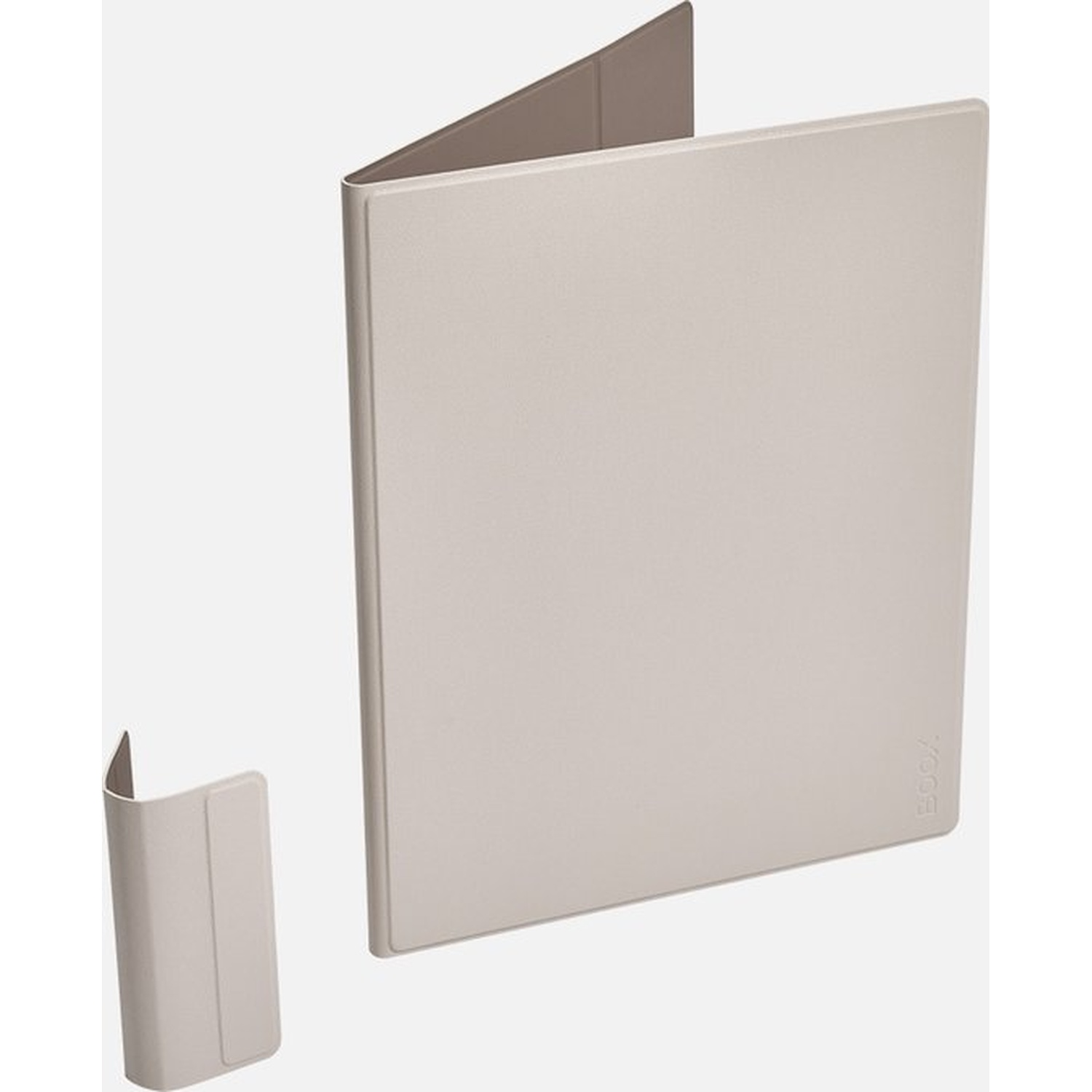 Un carnet ouvert gris clair et un support plus petit à côté.
