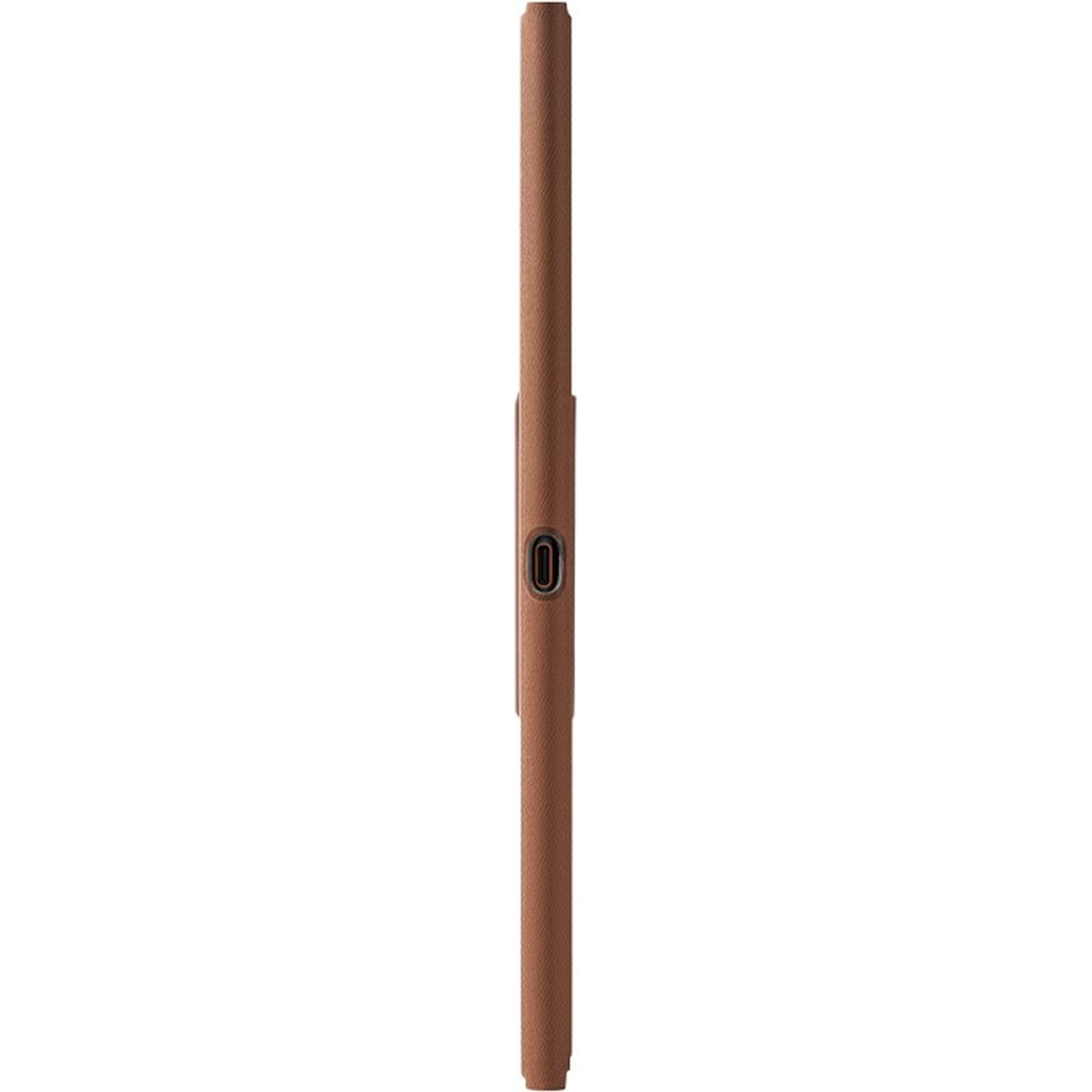 Bruine telefoonhoes in portretstand met zwart cirkelpictogram.