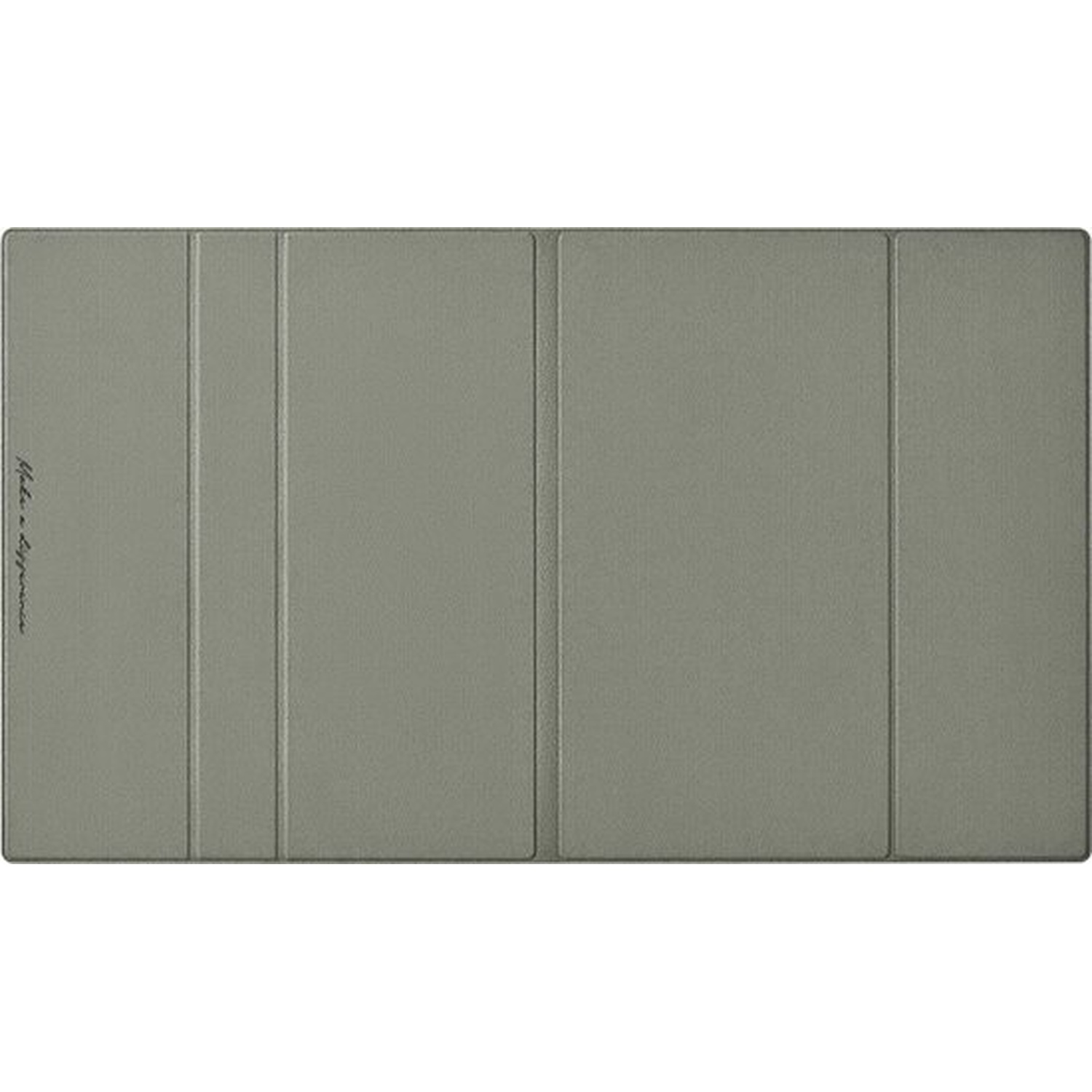 Couverture grise pliée avec des lignes subtiles et du texte manuscrit. Surface texturée.