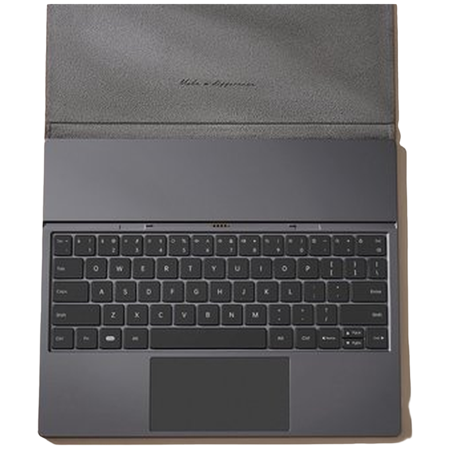 Een donkere laptop met toetsenbord en trackpad, open getoond.