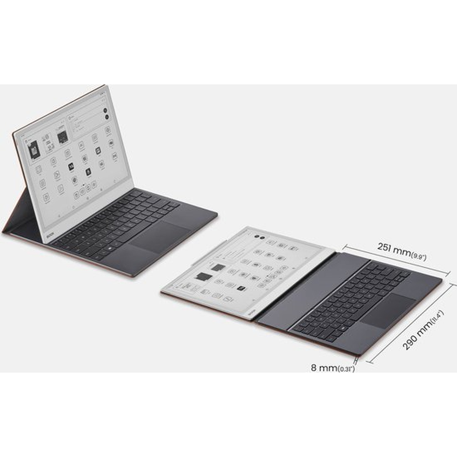 Twee e-readers met toetsenbord. Eén is open, de ander ligt plat. Afmetingen getoond.