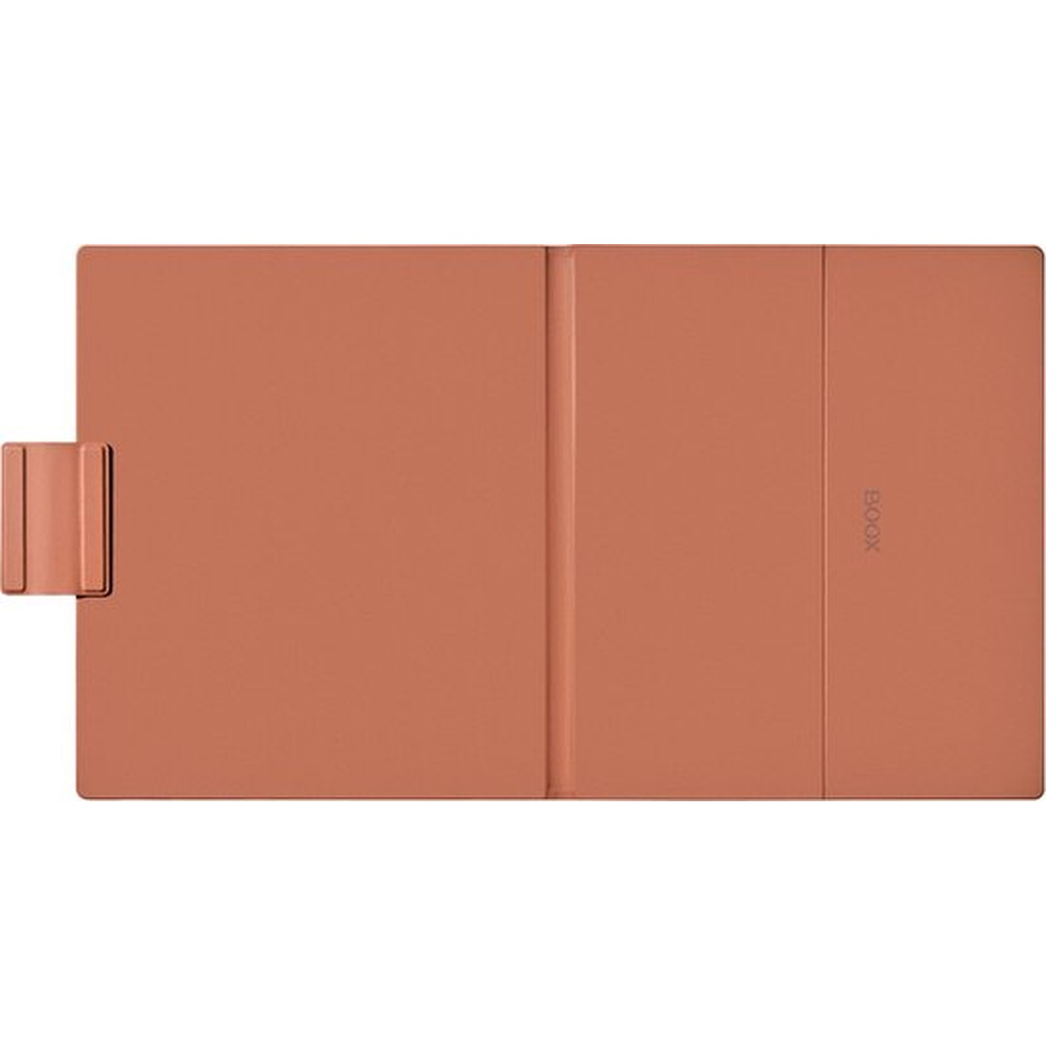 Een koraalkleurige e-reader hoes op een witte achtergrond. Een band zit aan de linkerkant.
