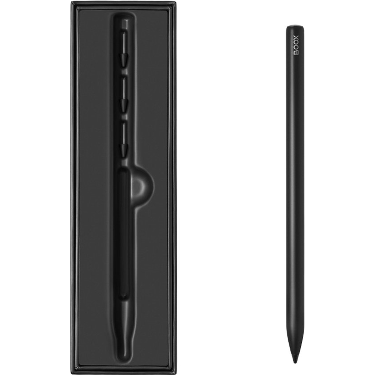 Een zwarte pen en zijn zwarte verpakking liggen naast elkaar.