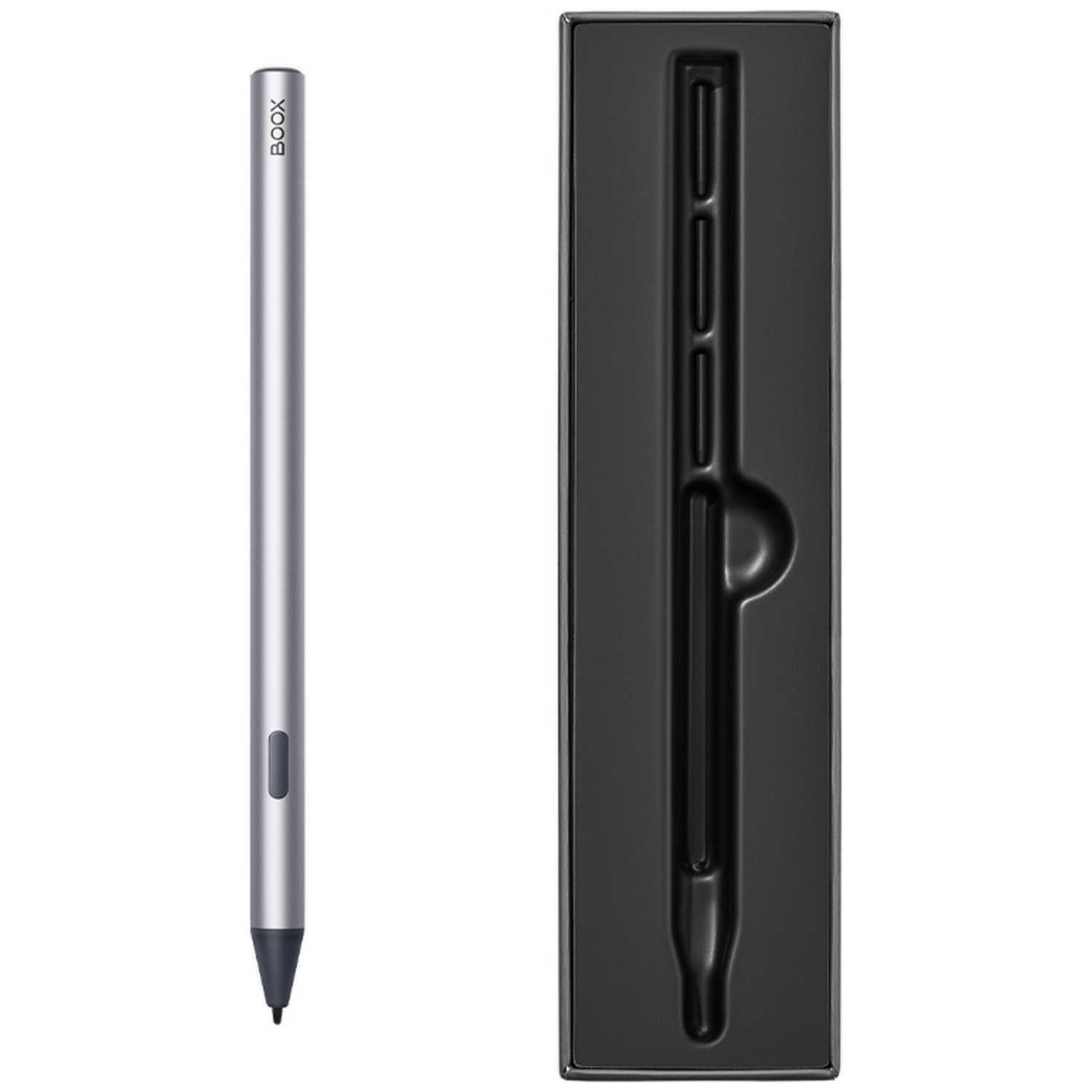 Un stylo argenté avec logo BOOX à côté d'un emballage noir.