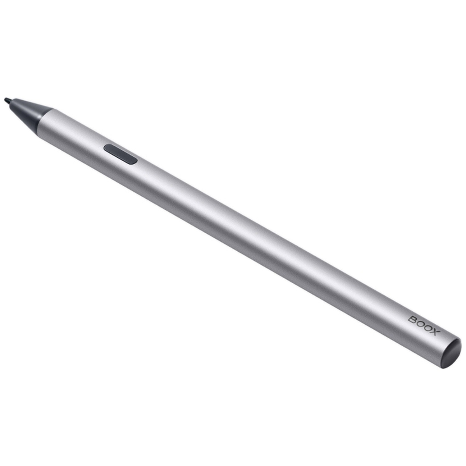 Stylet argenté avec pointe et bouton noirs, marqué BOOX.