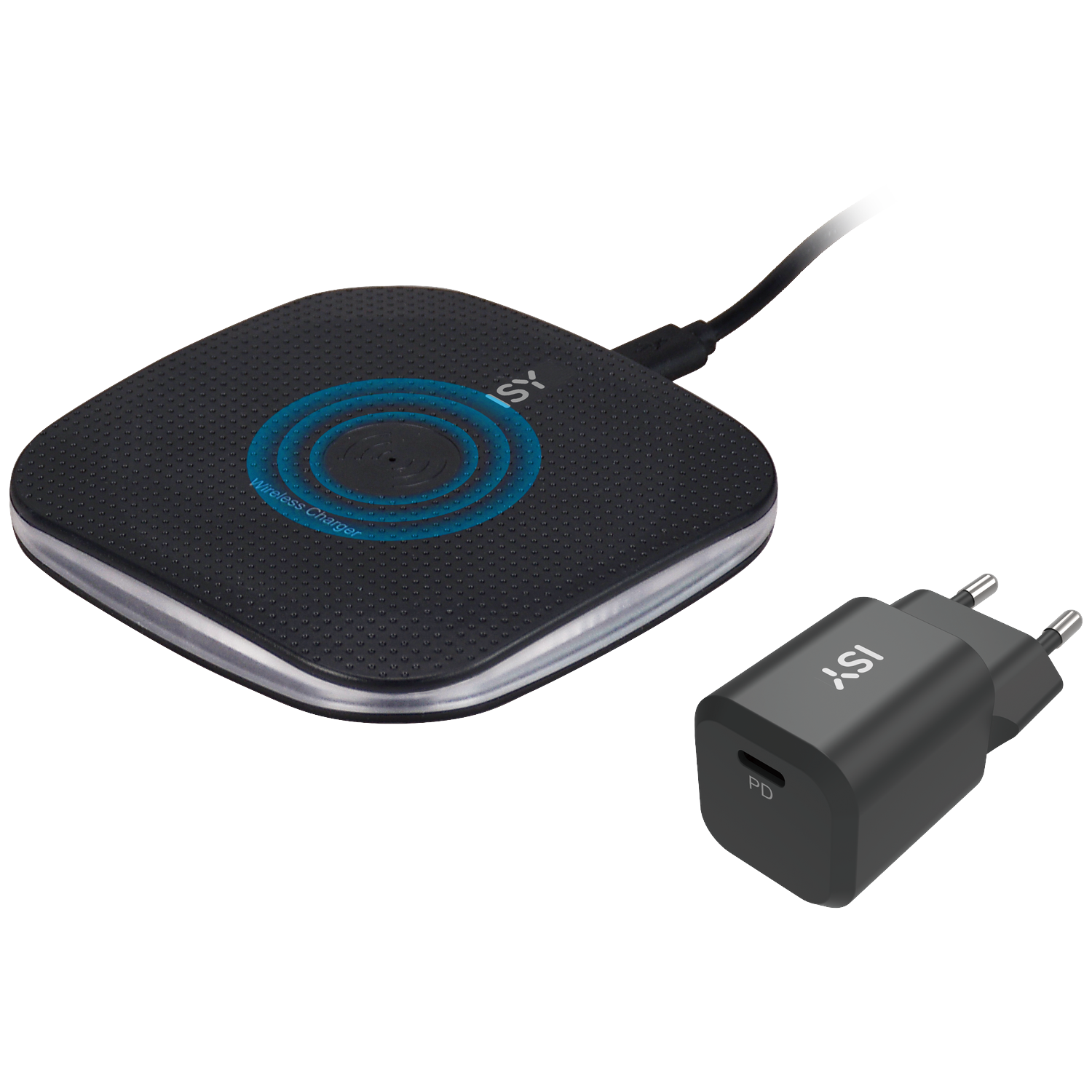 Chargeur sans fil noir et adaptateur secteur avec port USB-C PD.