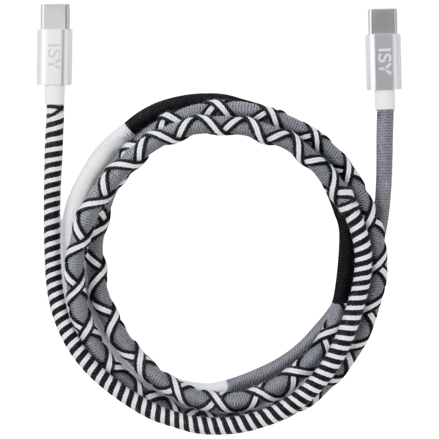 Un câble USB-C tressé dans des tons gris, noir et blanc sur fond noir.