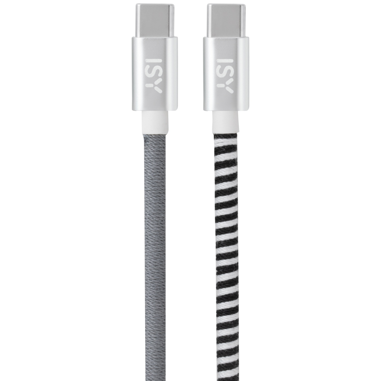 Deux câbles USB-C avec connecteurs argentés et textures de câble différentes.