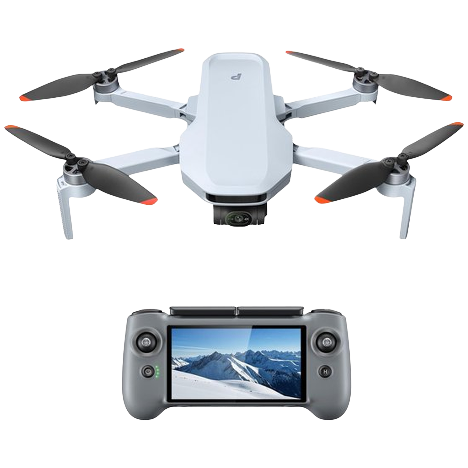 Een witte drone set met een afstandsbediening die een bergpanorama toont.