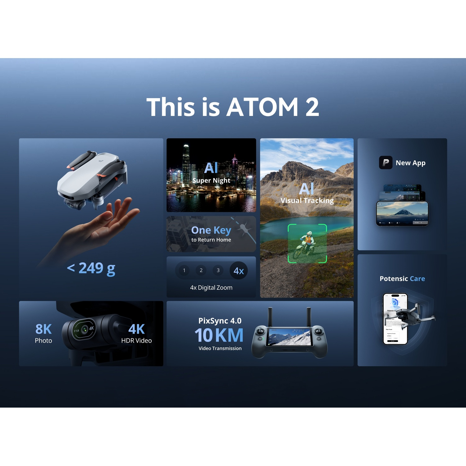 ATOM 2 drone met 8K foto, 4K HDR video, <lt/>249g gewicht, Super Nacht, Visuele Tracking.