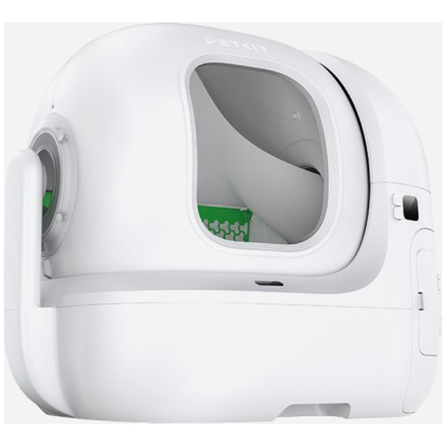 A futuristic white automatic cat litter box with a rounded entrance.