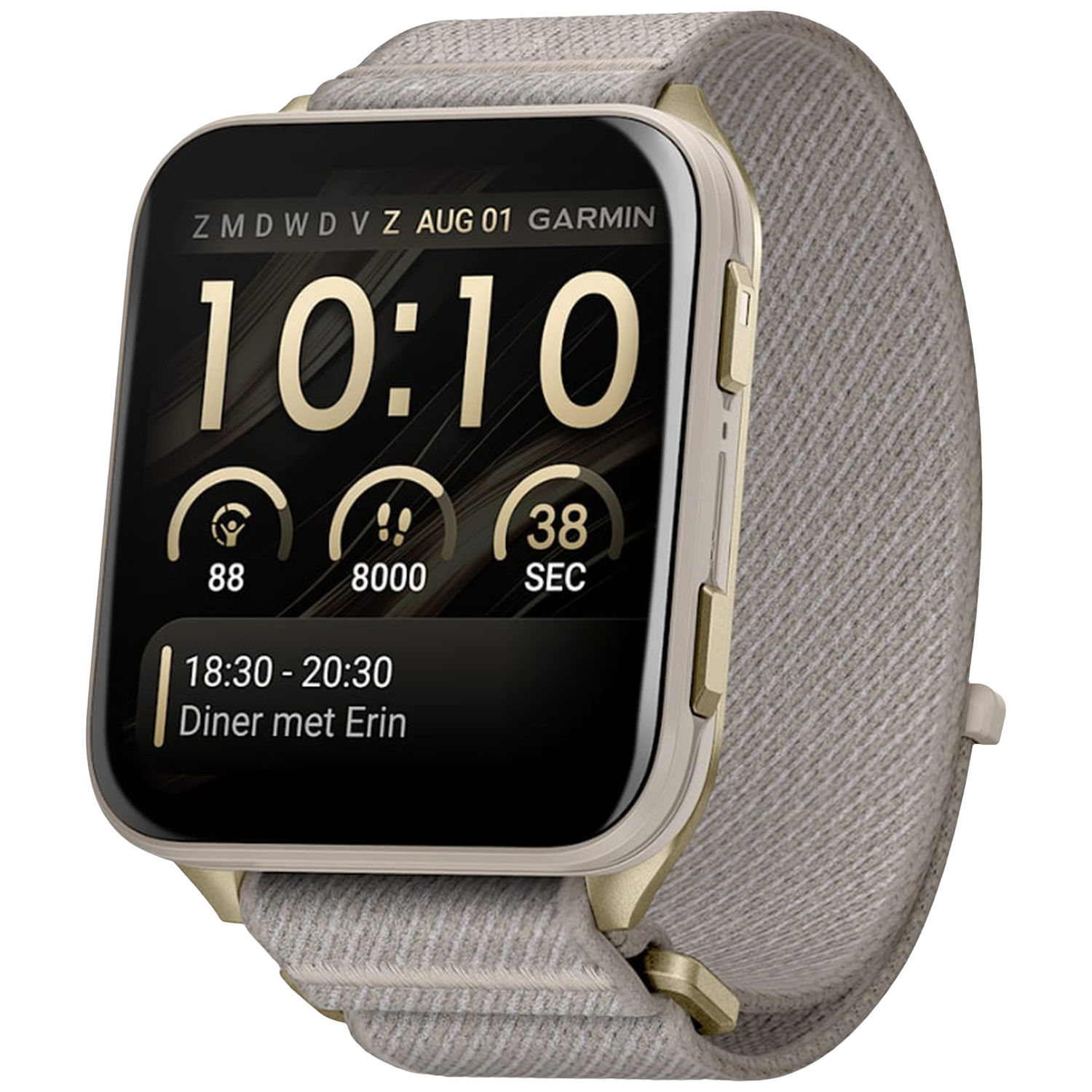 Gouden smartwatch met lichtgewicht stoffen band toont 10:10 tijd, datum en afspraken.