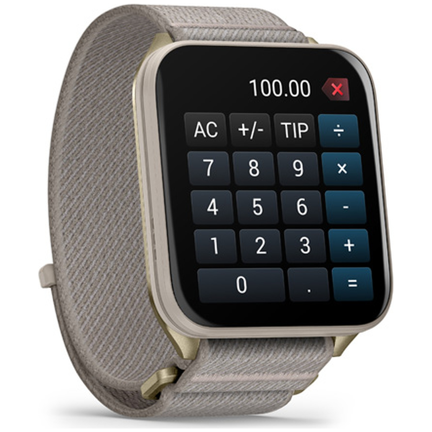 Een grijze smartwatch met een rekenmachine-app.